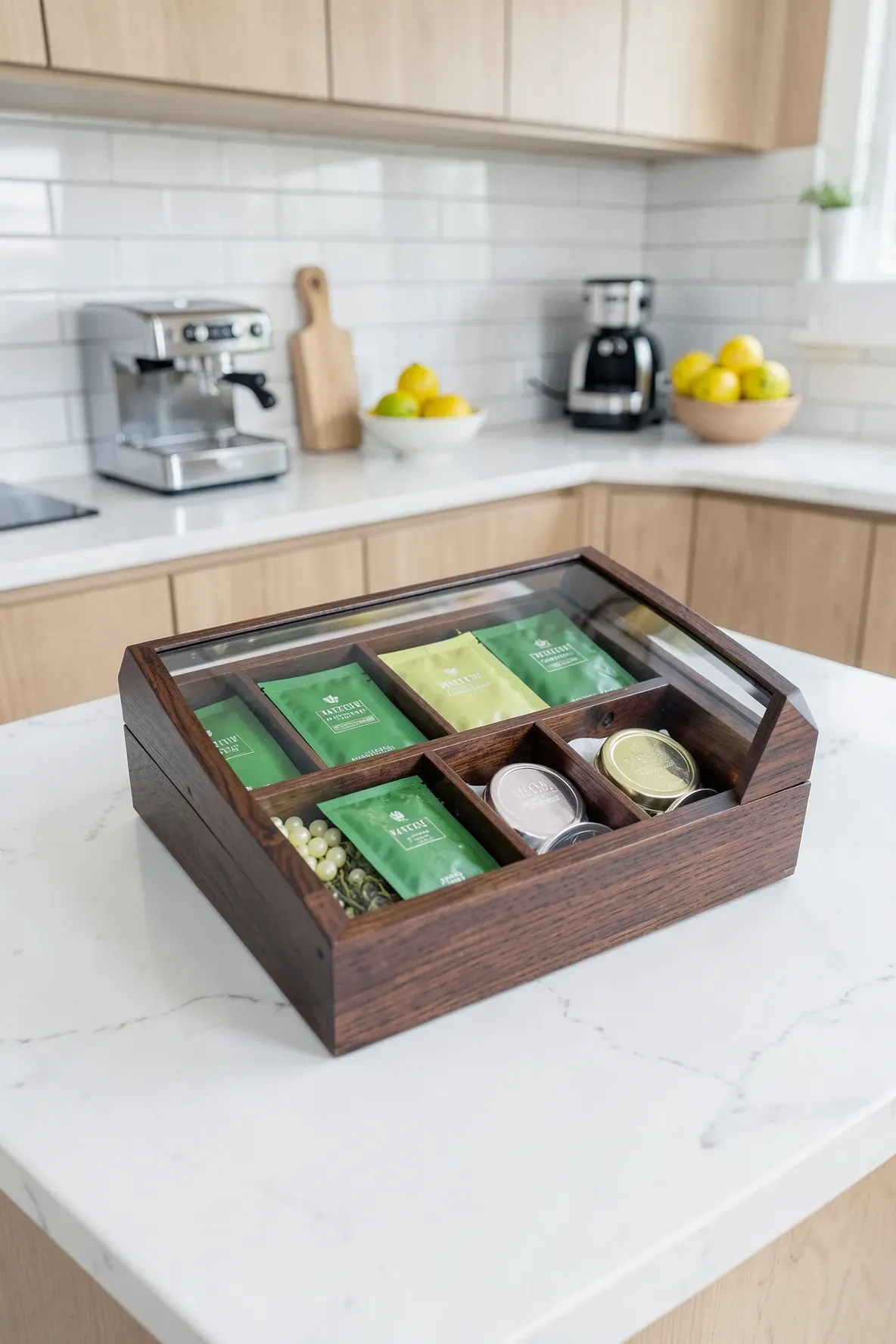 A dark wood tea organizer box filled with various green teas on a modern white marble kitchen counter.