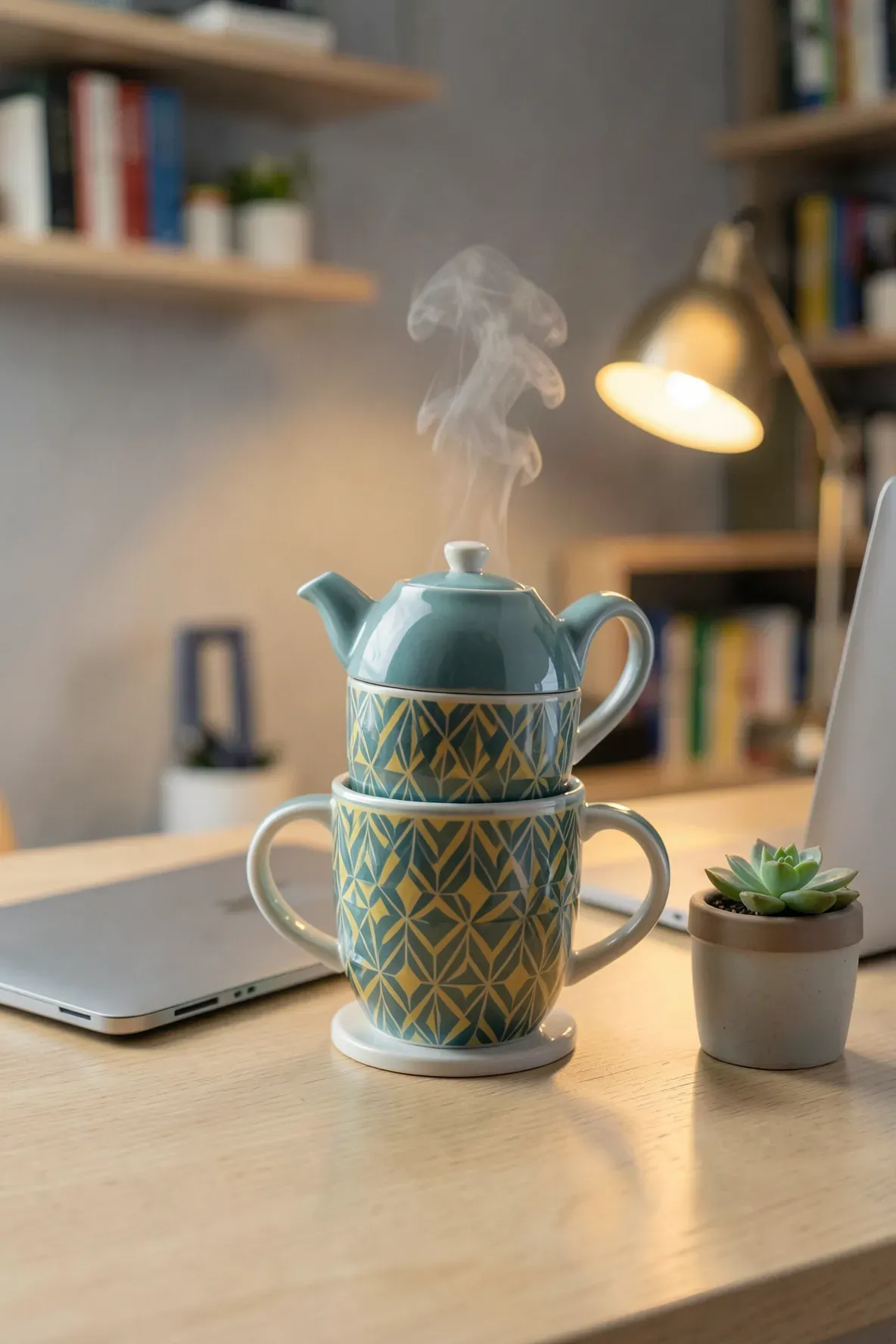 A modern teal and yellow stackable teapot and cup set sitting on a clean wooden desk with rising steam.