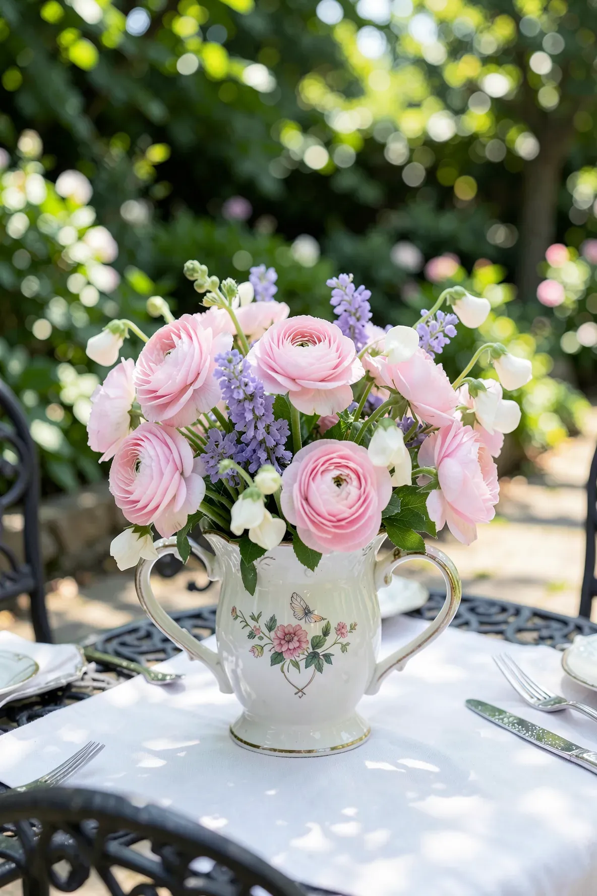 A vintage tea cup used as a vase for a colorful arrangement of pink and purple spring flowers.