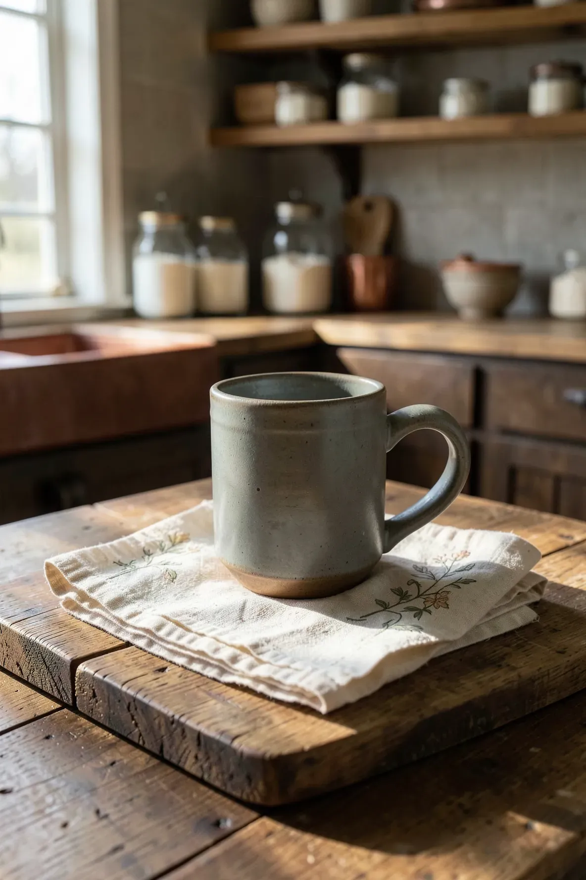 A rustic tea gift set with a matte ceramic mug and embroidered linen napkins on a wooden kitchen counter.