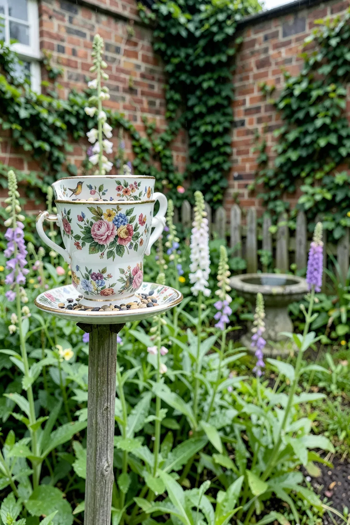 A repurposed floral tea cup and saucer turned into a bird feeder on a wooden stake in a lush garden.