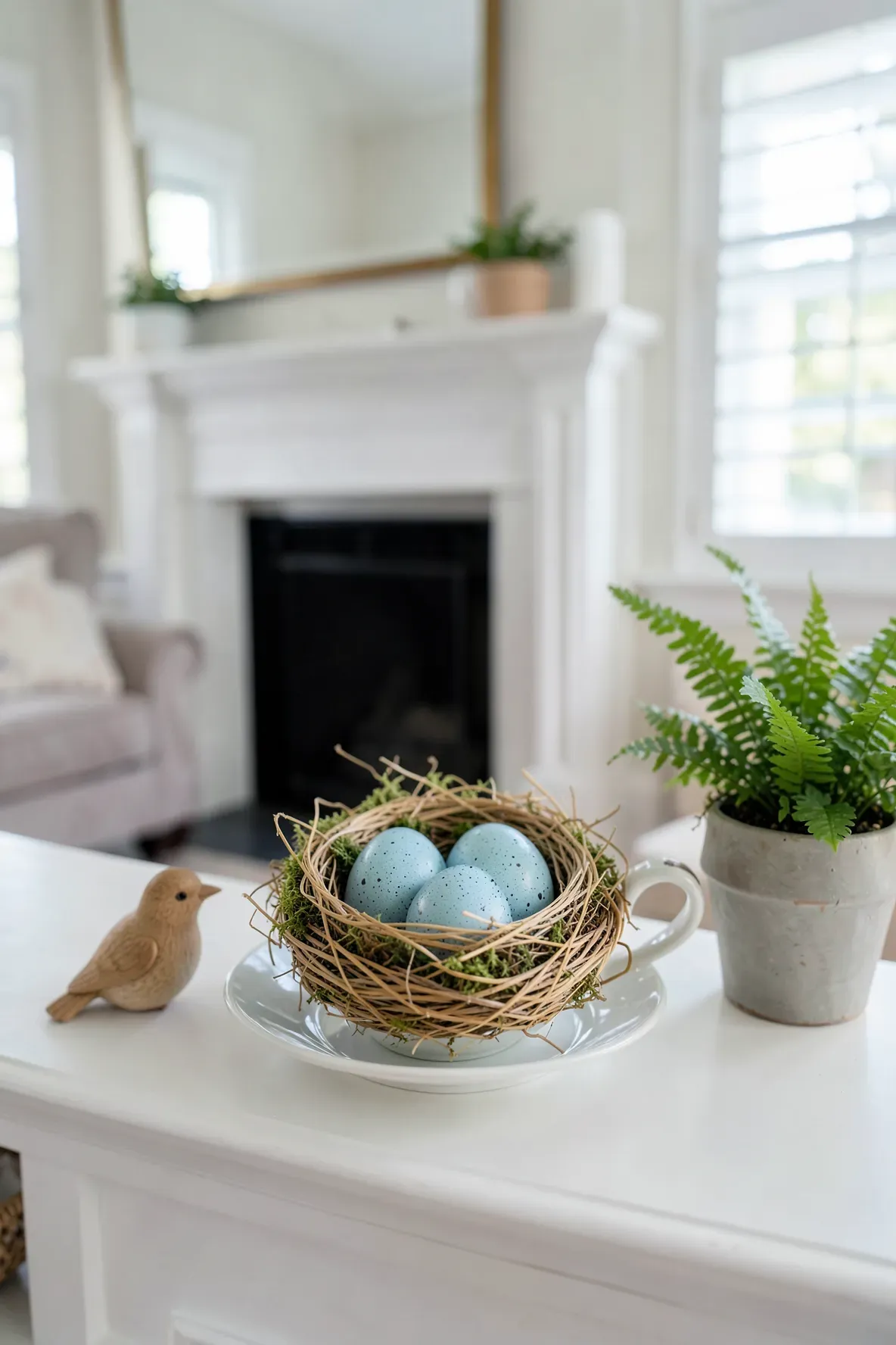 A decorative tea cup filled with a straw nest and speckled blue eggs on a white fireplace mantel.