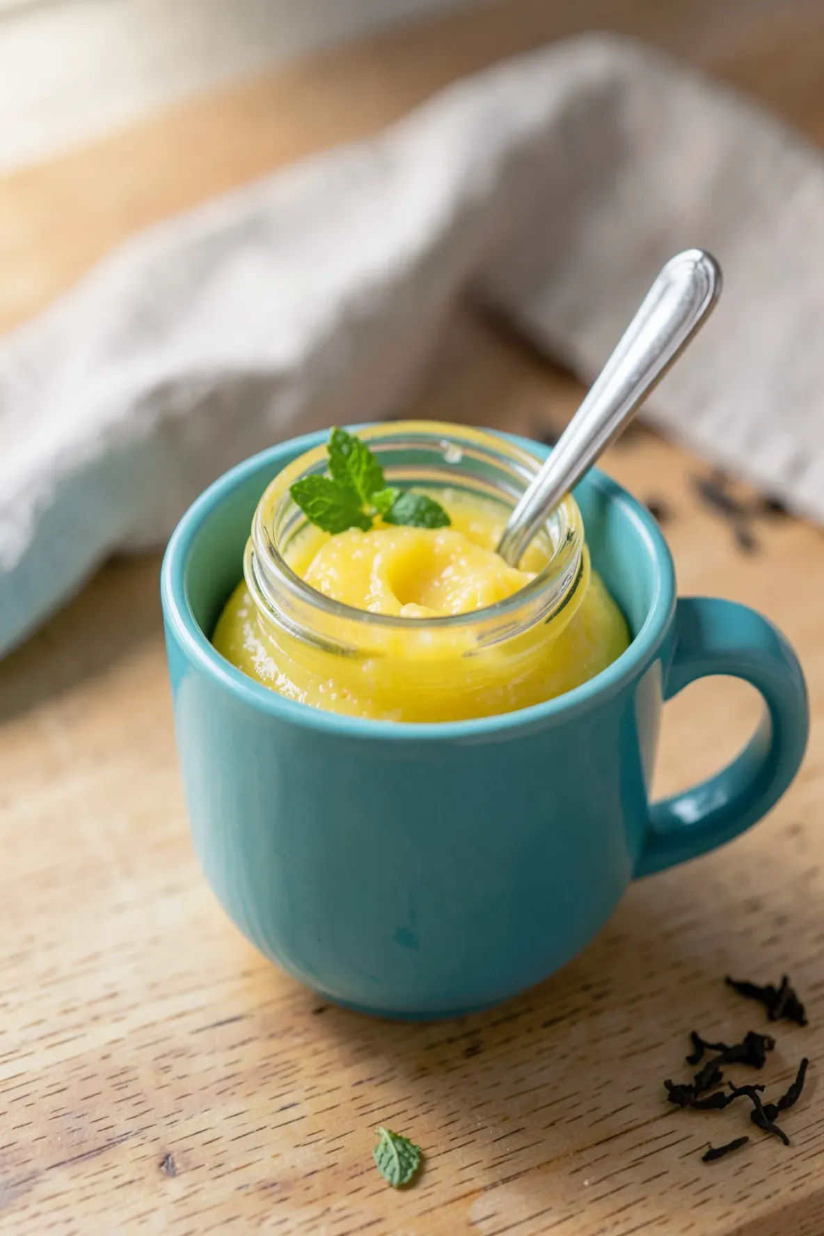 A turquoise ceramic mug holding a small jar of yellow lemon curd and a silver spoon on a wooden table.