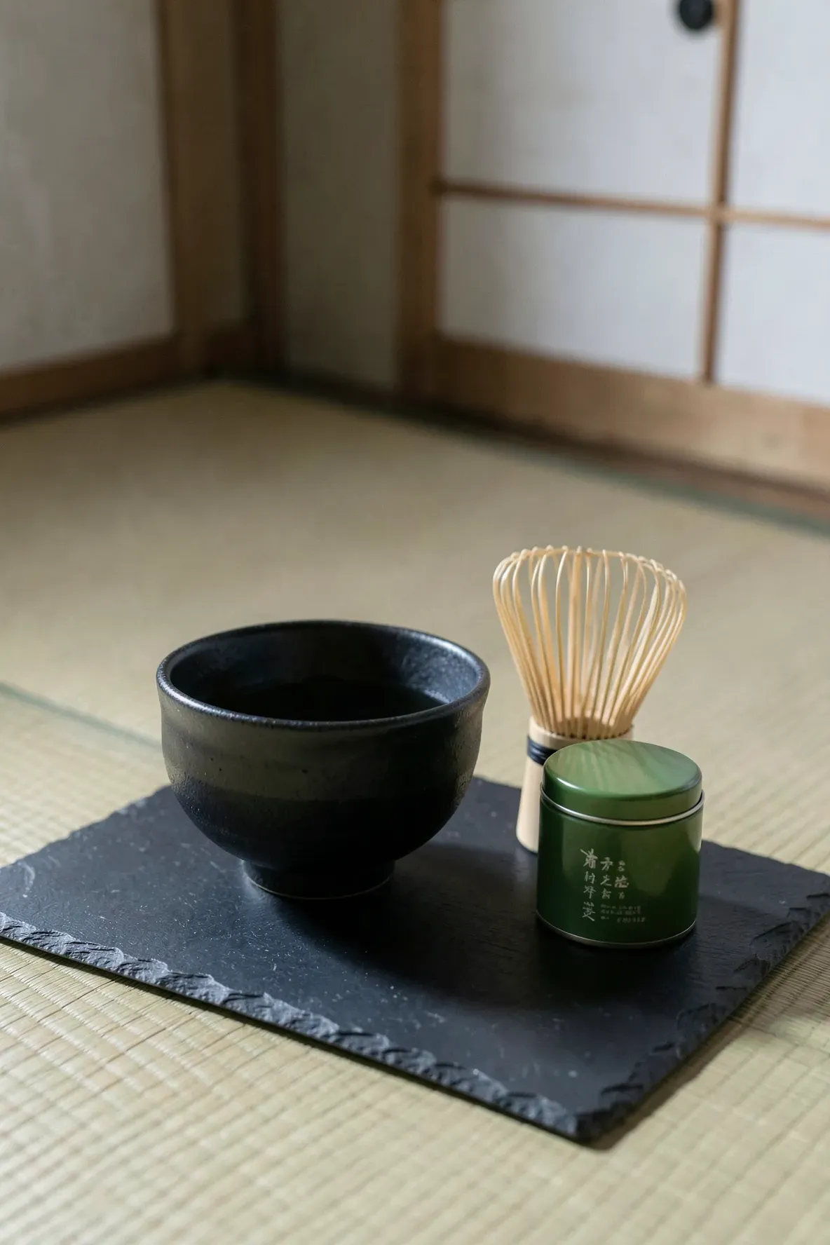 A matcha gift set with a black ceramic bowl, bamboo whisk, and green tea tin on a slate tray.