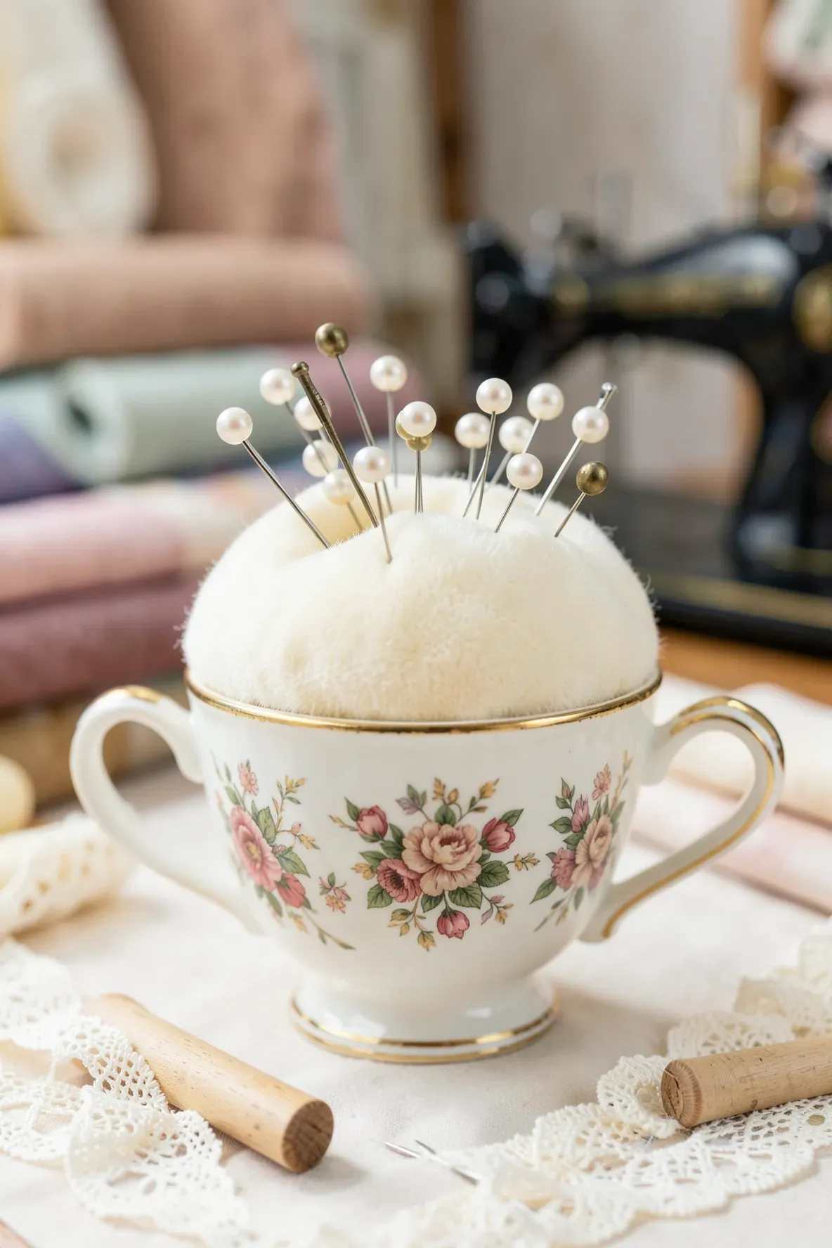 A floral vintage teacup repurposed into a pincushion with pearl-headed pins on a craft table.