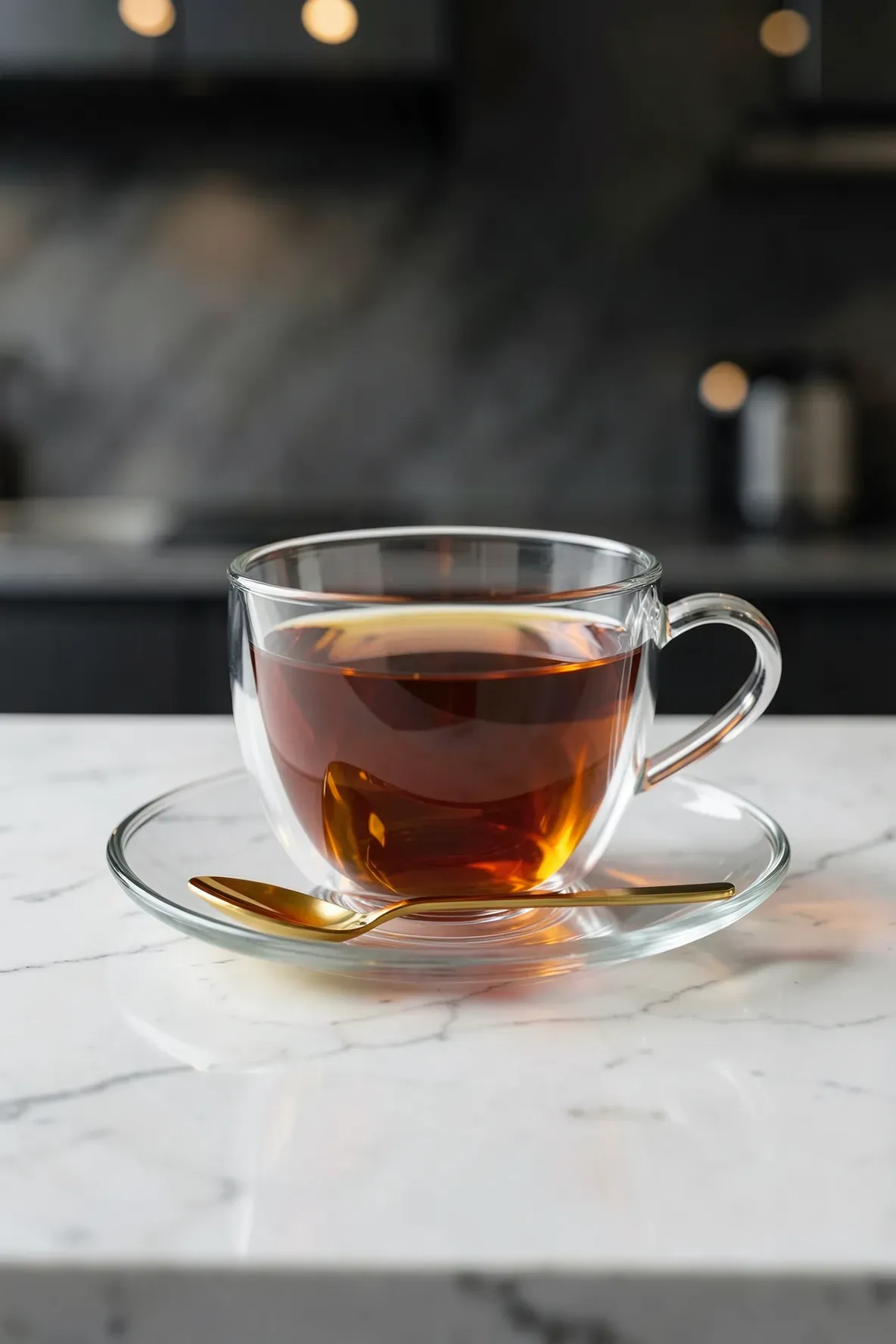 A clear double-walled glass cup with amber tea and a gold-plated spoon on a marble surface.
