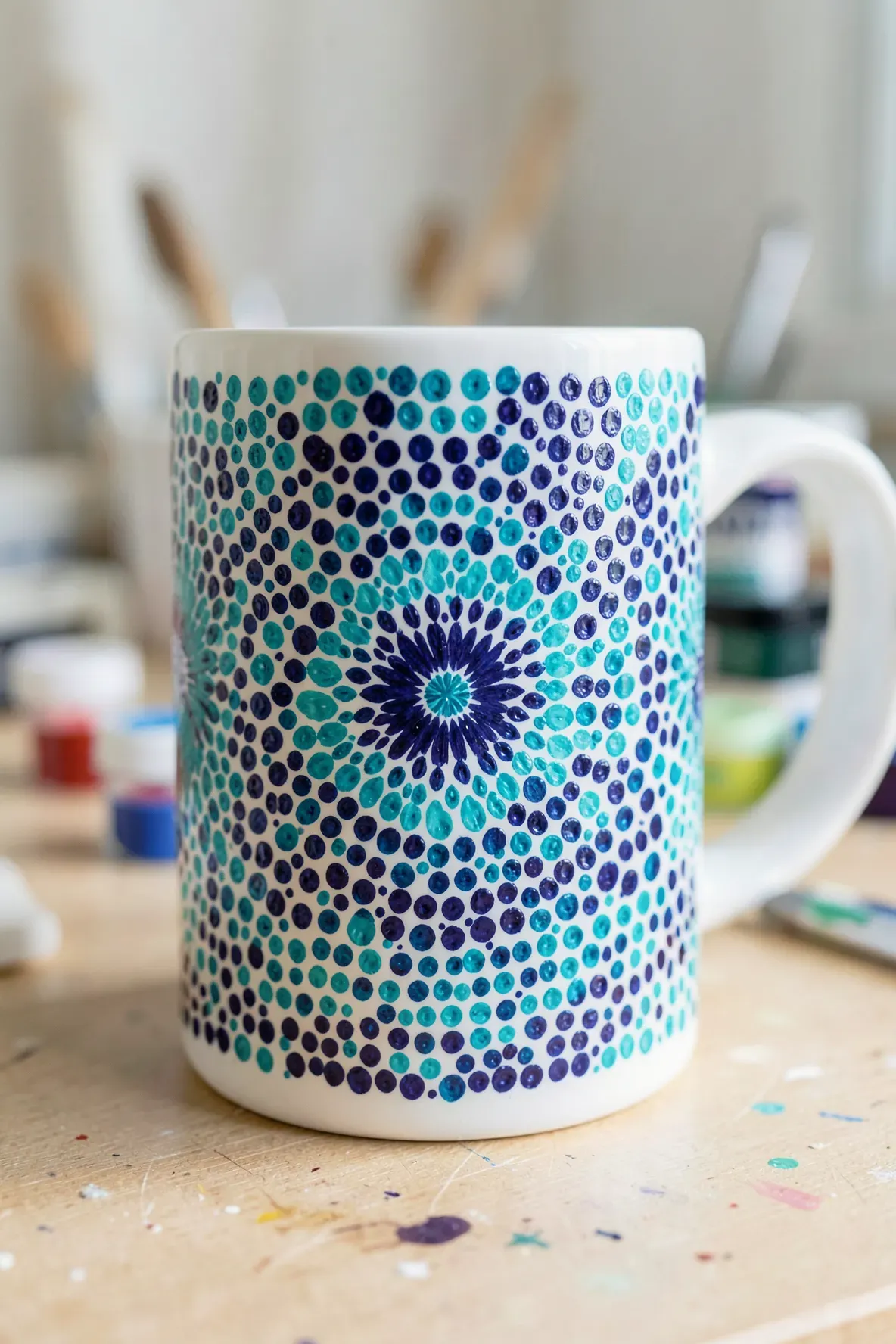 A white mug featuring an intricate blue and turquoise hand-dotted mandala design.
