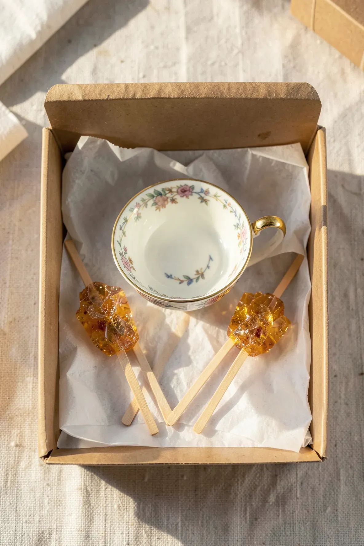 An open gift box containing a teacup and three amber rock candy stirrers on wooden sticks.