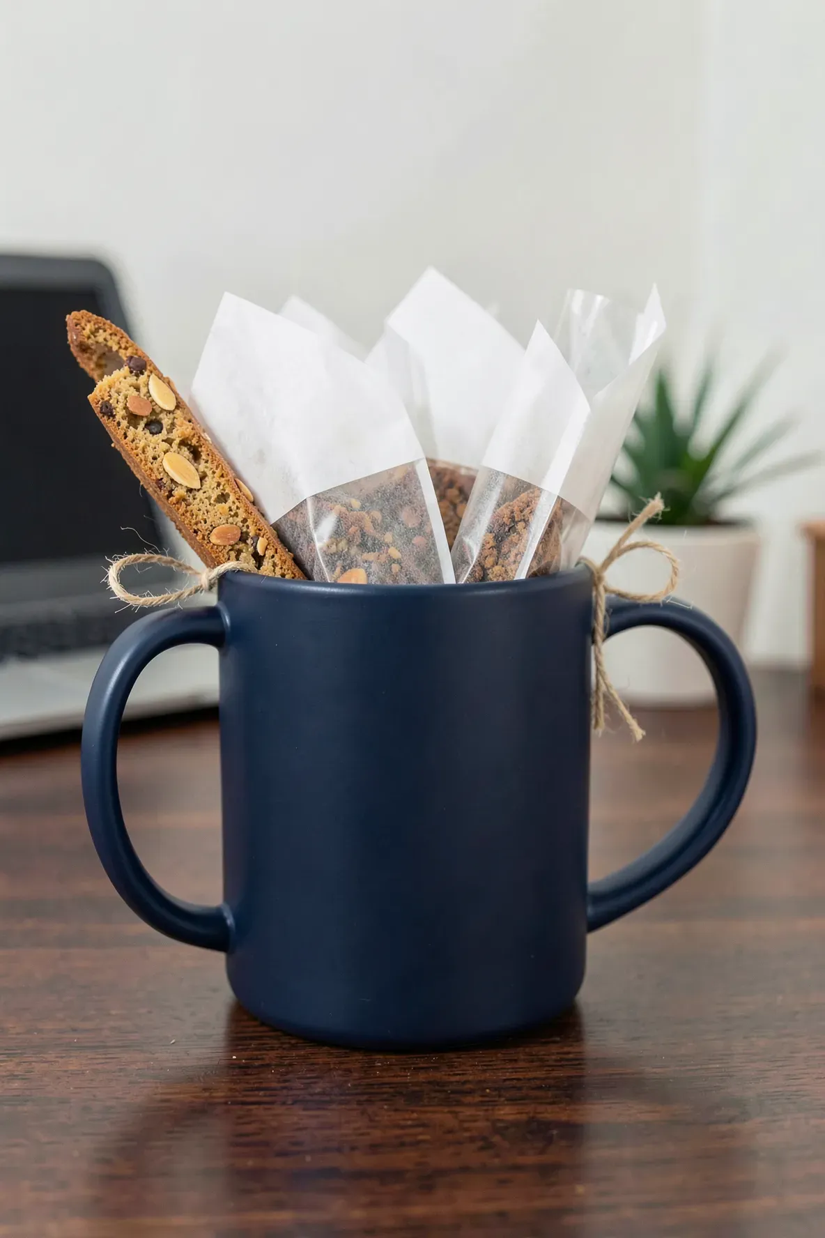 A navy blue mug filled with pour-over coffee filters and biscotti on a wooden desk.