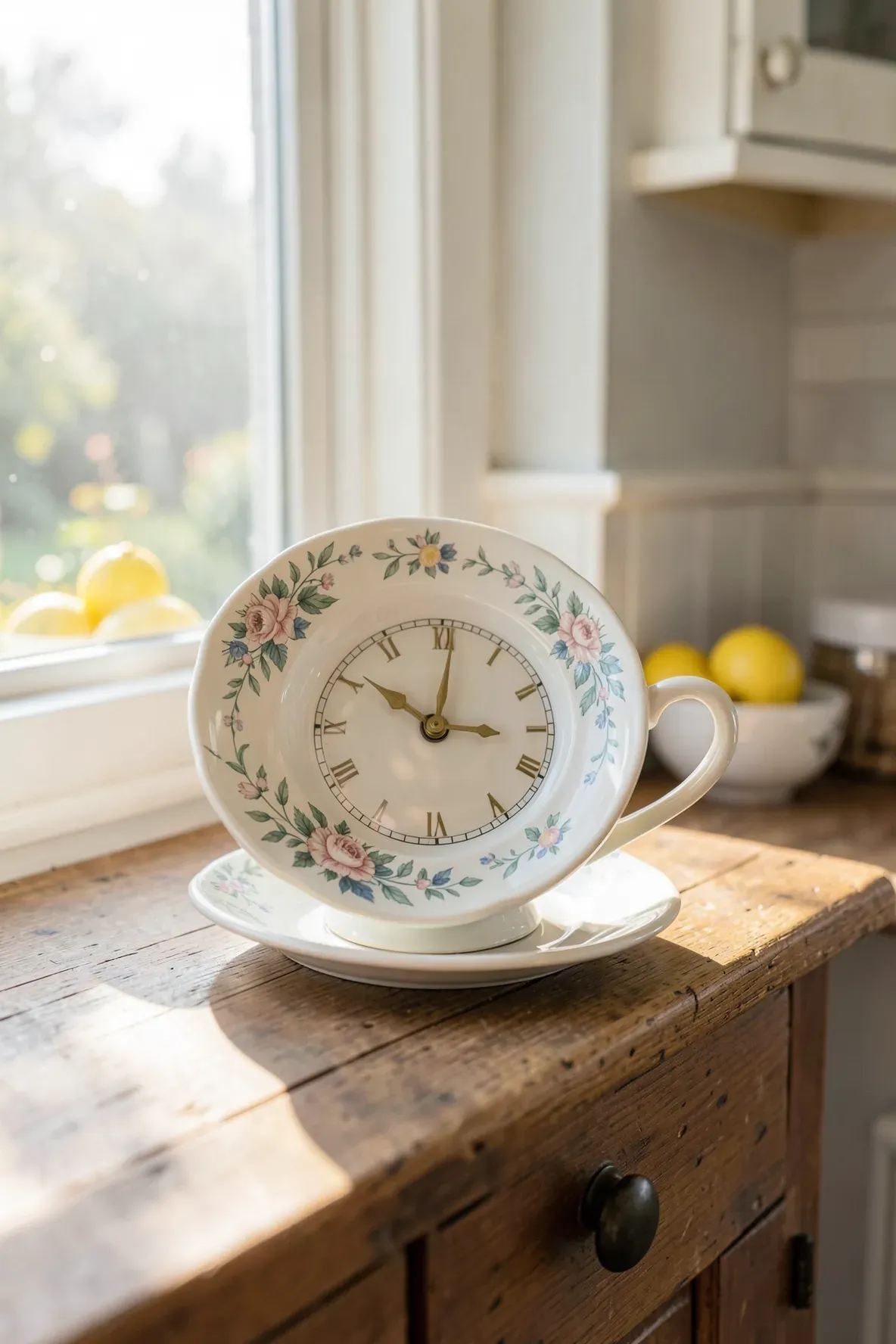 A creative clock made from a floral teacup and saucer standing on a wooden table in a sunlit kitchen.