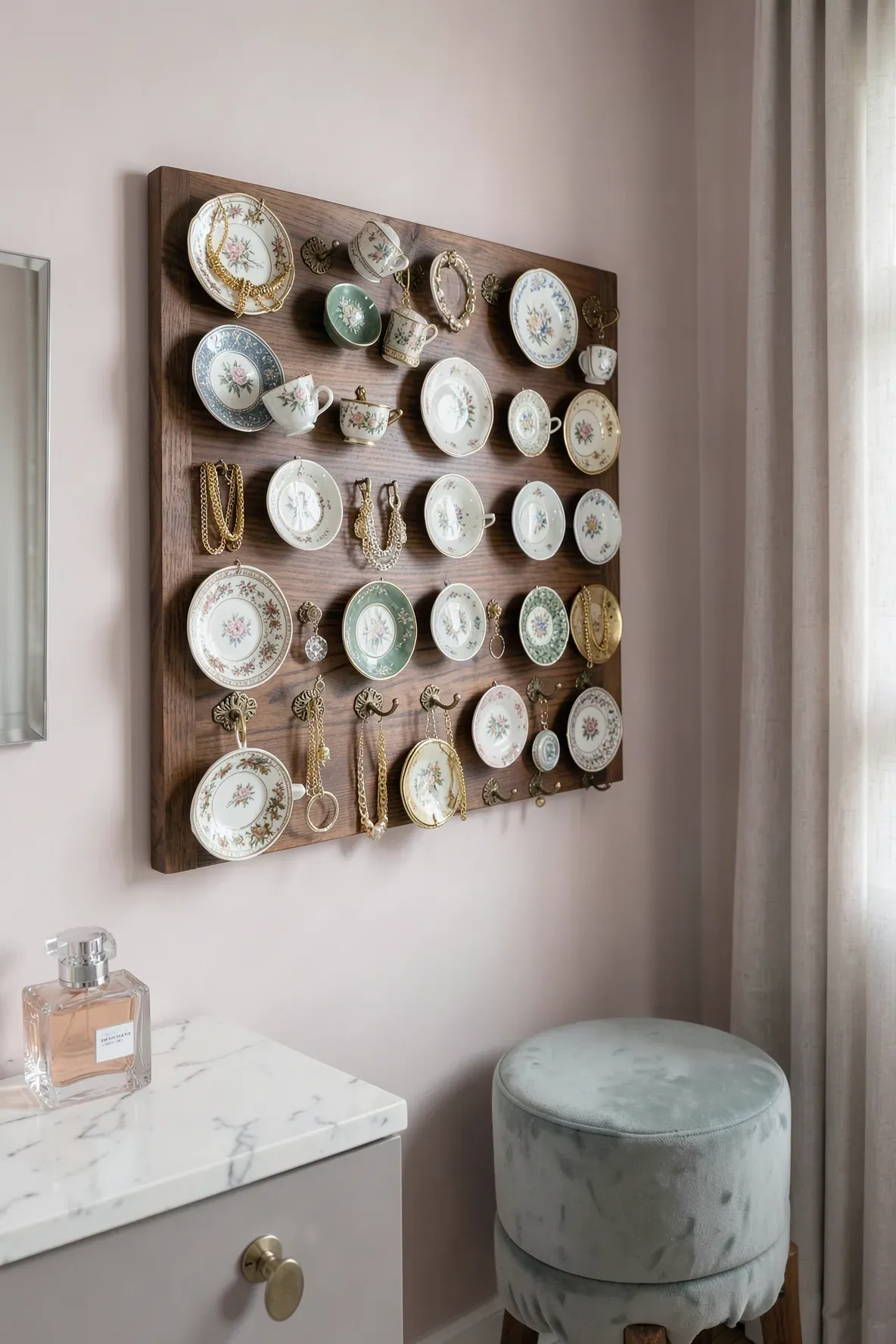 A wooden wall display with vintage saucers and hooks holding necklaces and rings in a stylish room.
