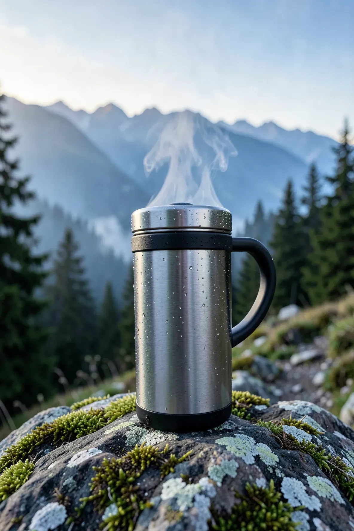 A stainless steel travel tea mug with a built-in press sitting on a rock with a mountain background.