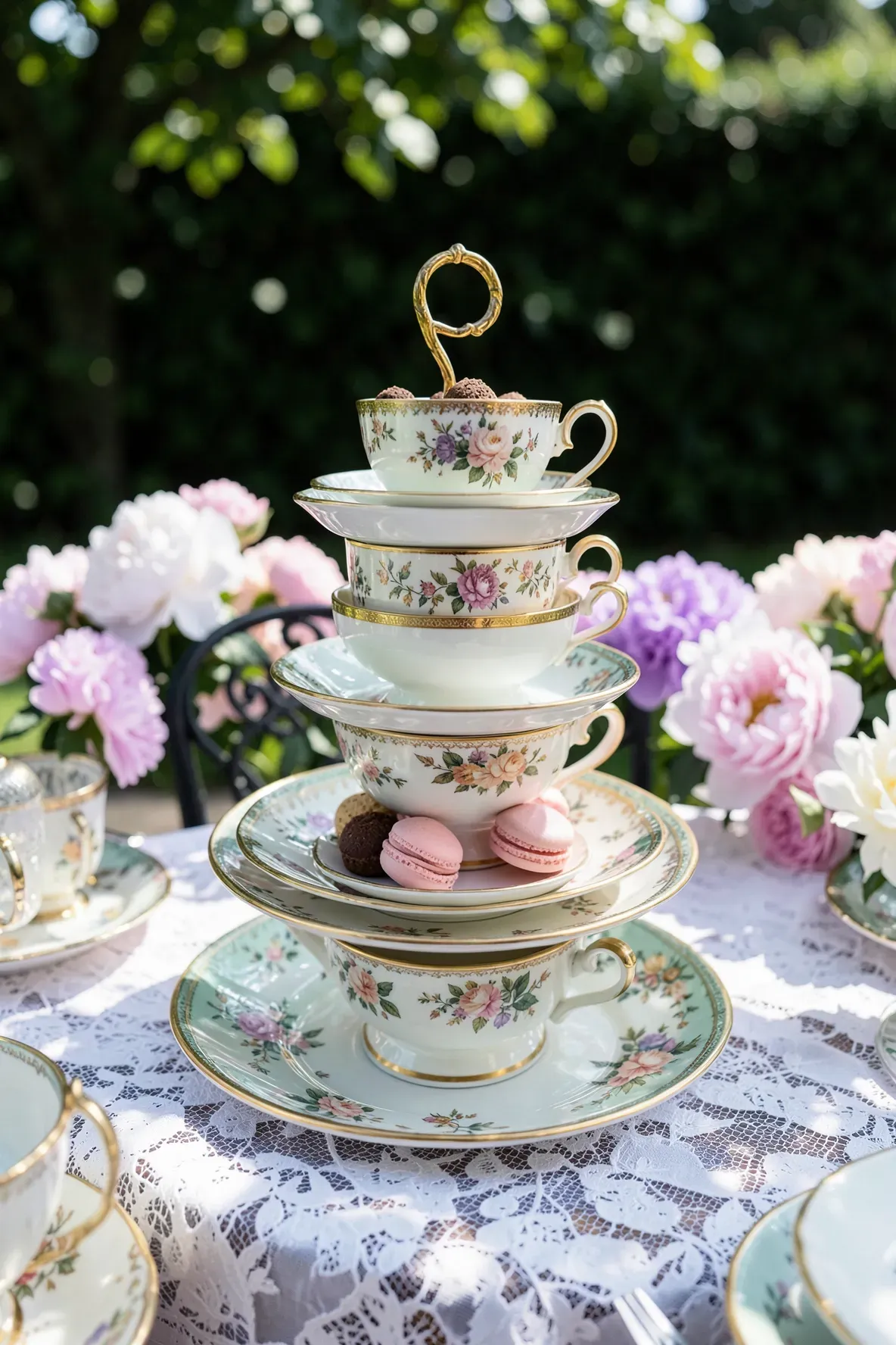 A three-tiered serving tower made of mismatched teacups and saucers holding colorful macarons.