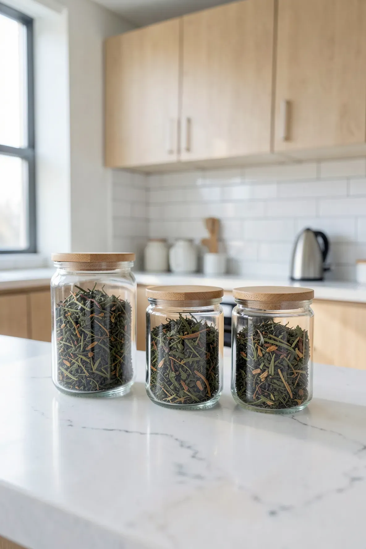 Clear glass tea canisters with bamboo lids filled with loose leaf tea on a white marble kitchen counter.