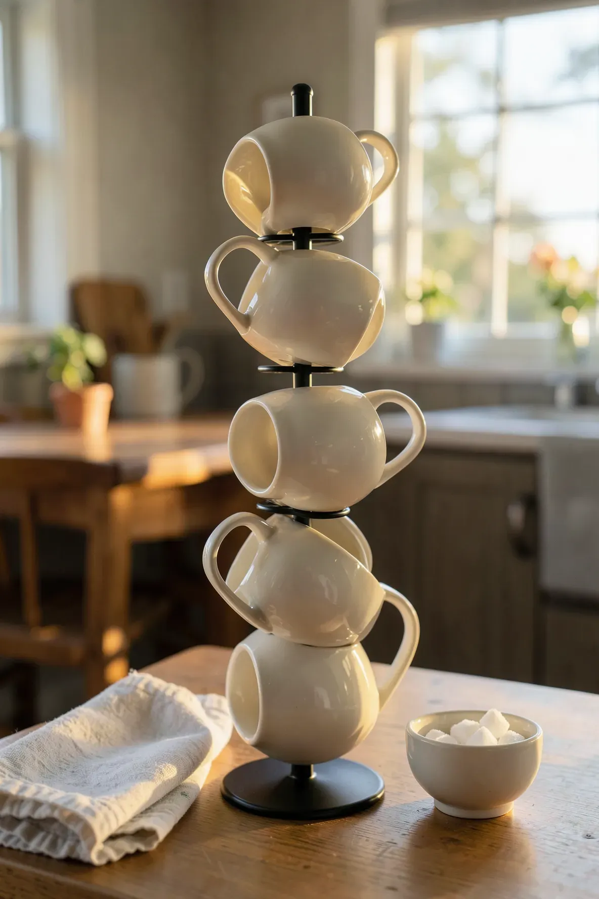 A vertical black metal stand holding four cream-colored ceramic mugs on a wooden kitchen countertop.