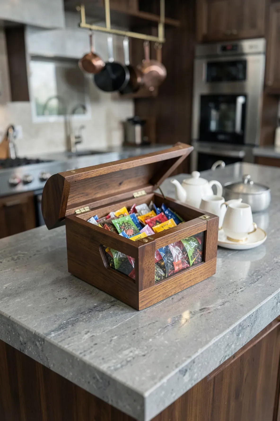 An open wooden tea chest with a glass window showing organized tea bags on a grey stone kitchen island.