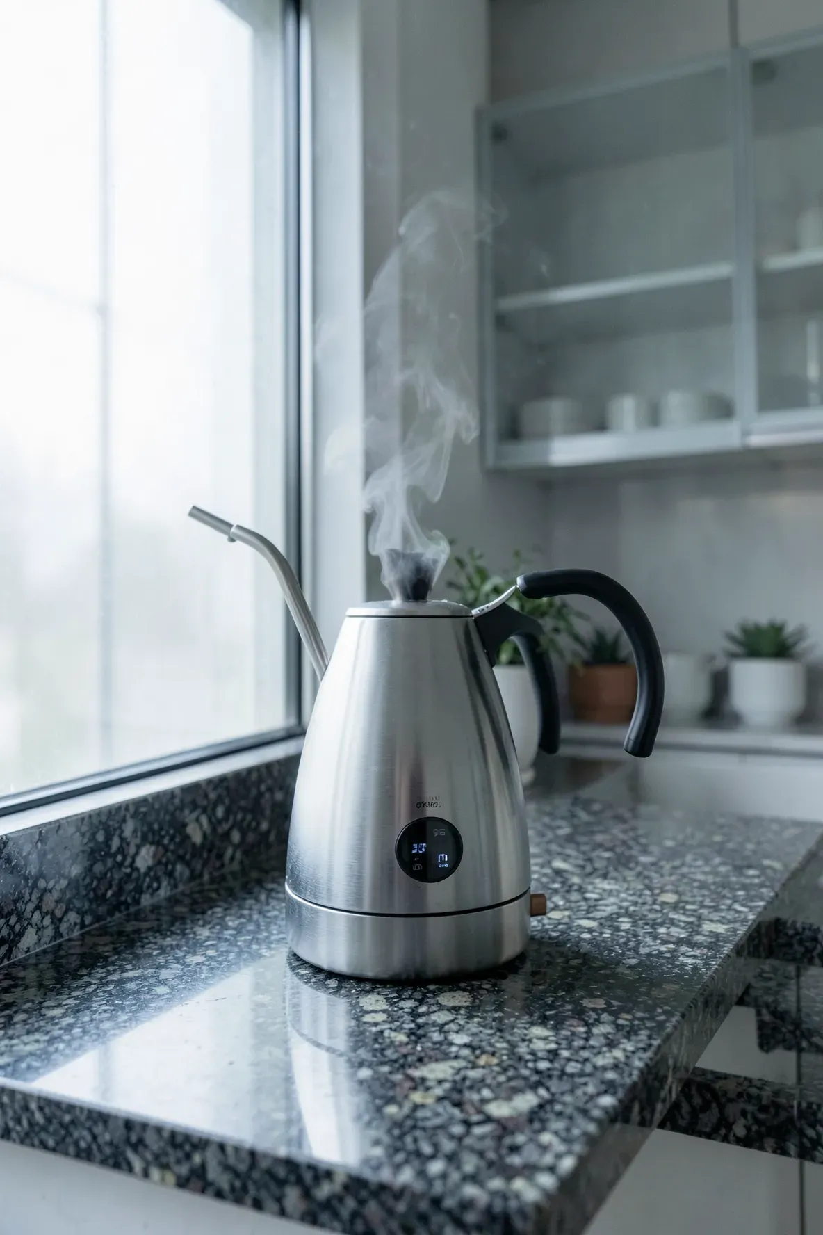 A stainless steel gooseneck electric kettle with a digital base on a dark granite kitchen counter.