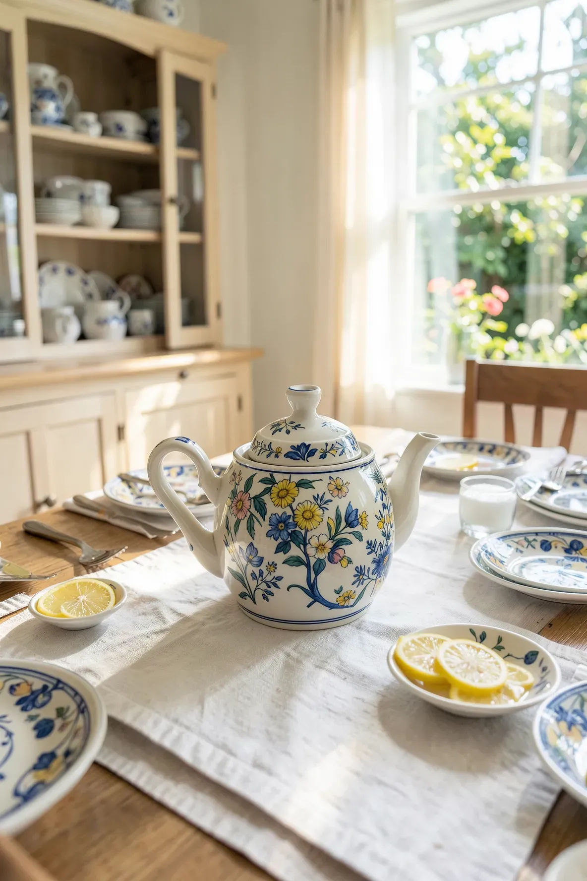 A floral hand-painted ceramic teapot with a metal infuser sitting on a white linen table runner.