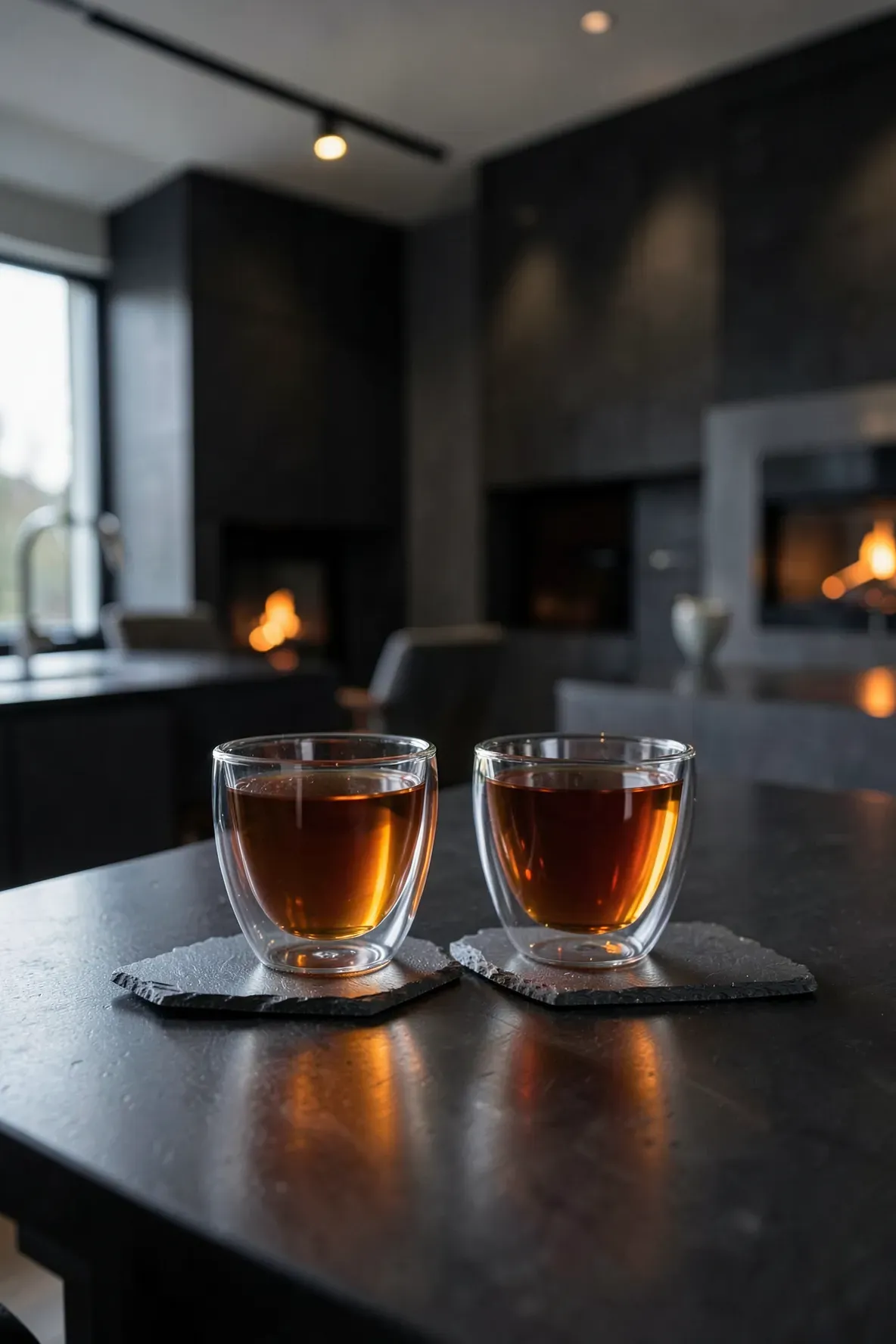 Two double-walled glass cups filled with hot amber tea, showing a floating effect on a slate coaster.