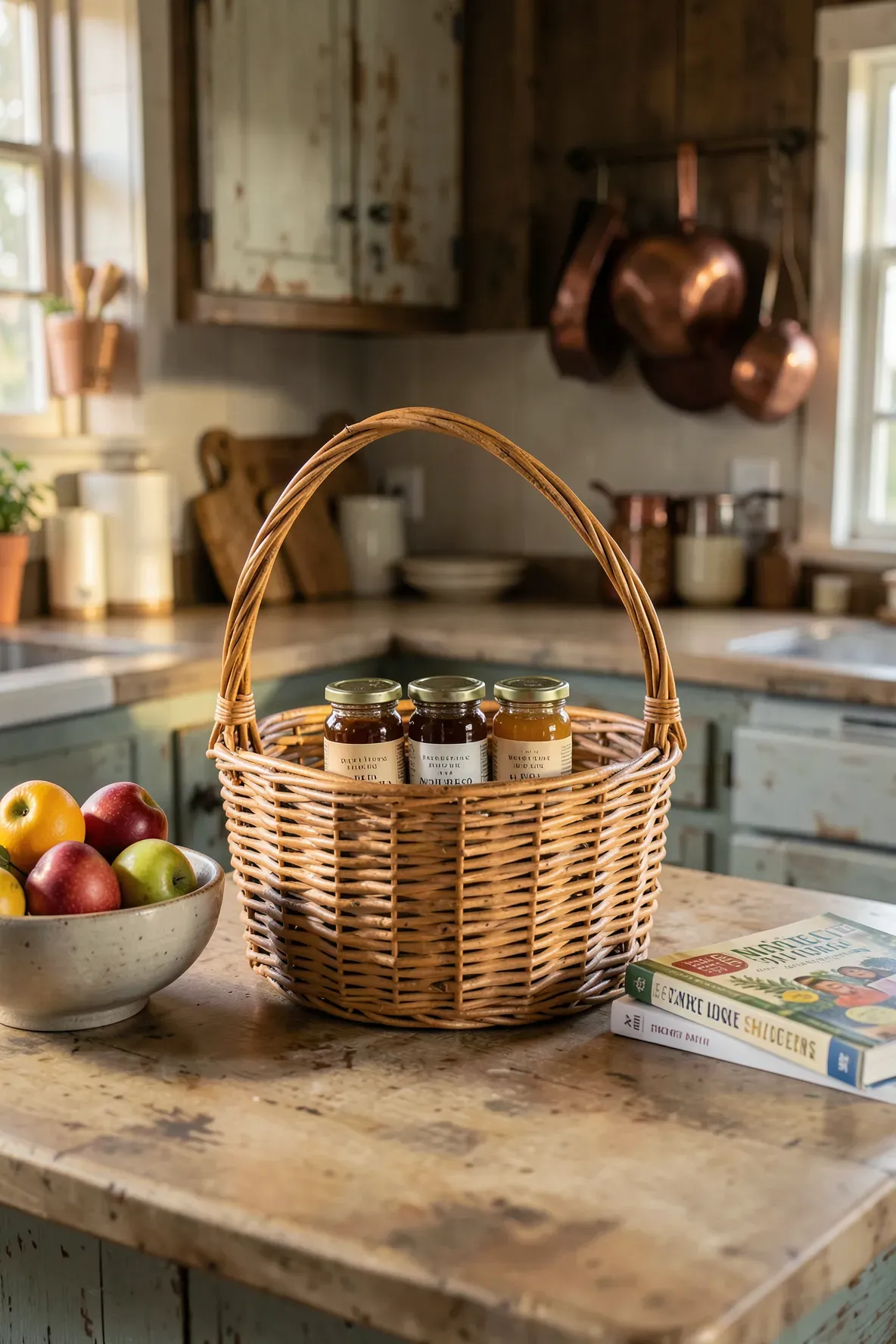 A woven willow basket filled with jars of honey, tea tins, and shortbread biscuits on a rustic counter.