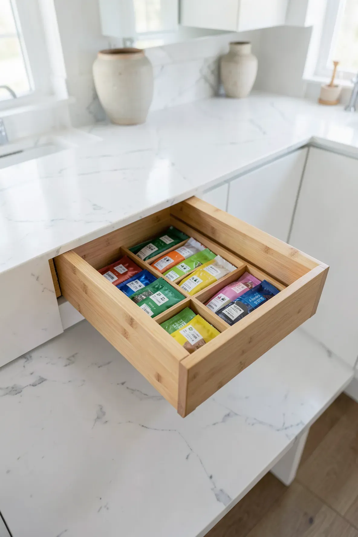 An open kitchen drawer featuring a bamboo organizer filled with neatly sorted colorful tea bags.