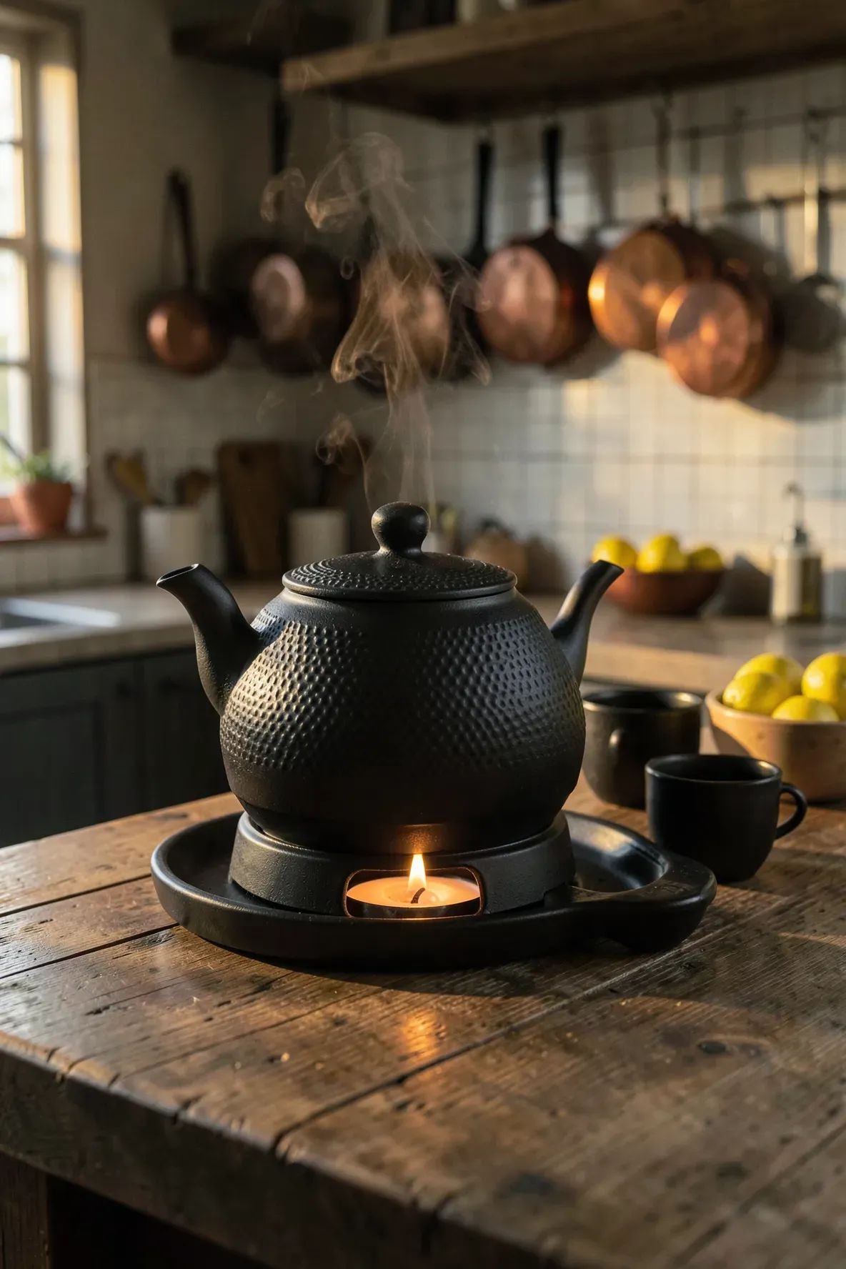 A black cast iron teapot on a warming base with a candle, set on a wooden kitchen island.