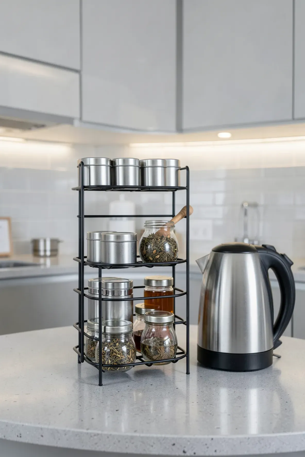 A matte black tiered wire rack holding tea tins and jars on a modern gray kitchen counter.
