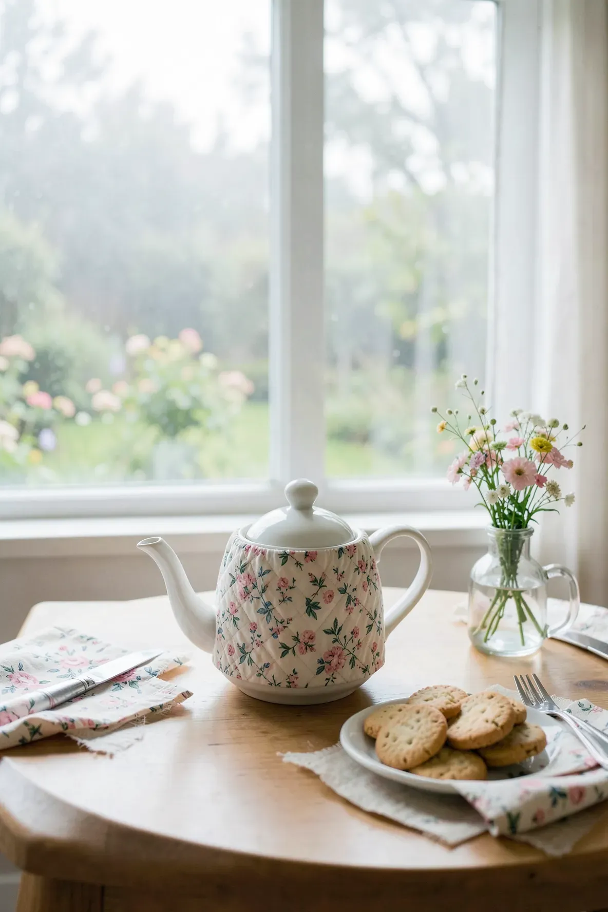 A teapot with a floral fabric cozy on a table in a sunlit, cottage-style kitchen nook.