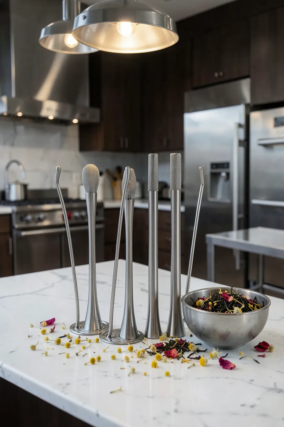 Long-handled stainless steel tea ball infusers resting on a marble kitchen island.