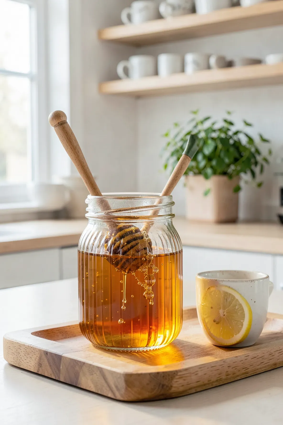 A glass jar of golden honey with a wooden dipper on a clean kitchen counter.