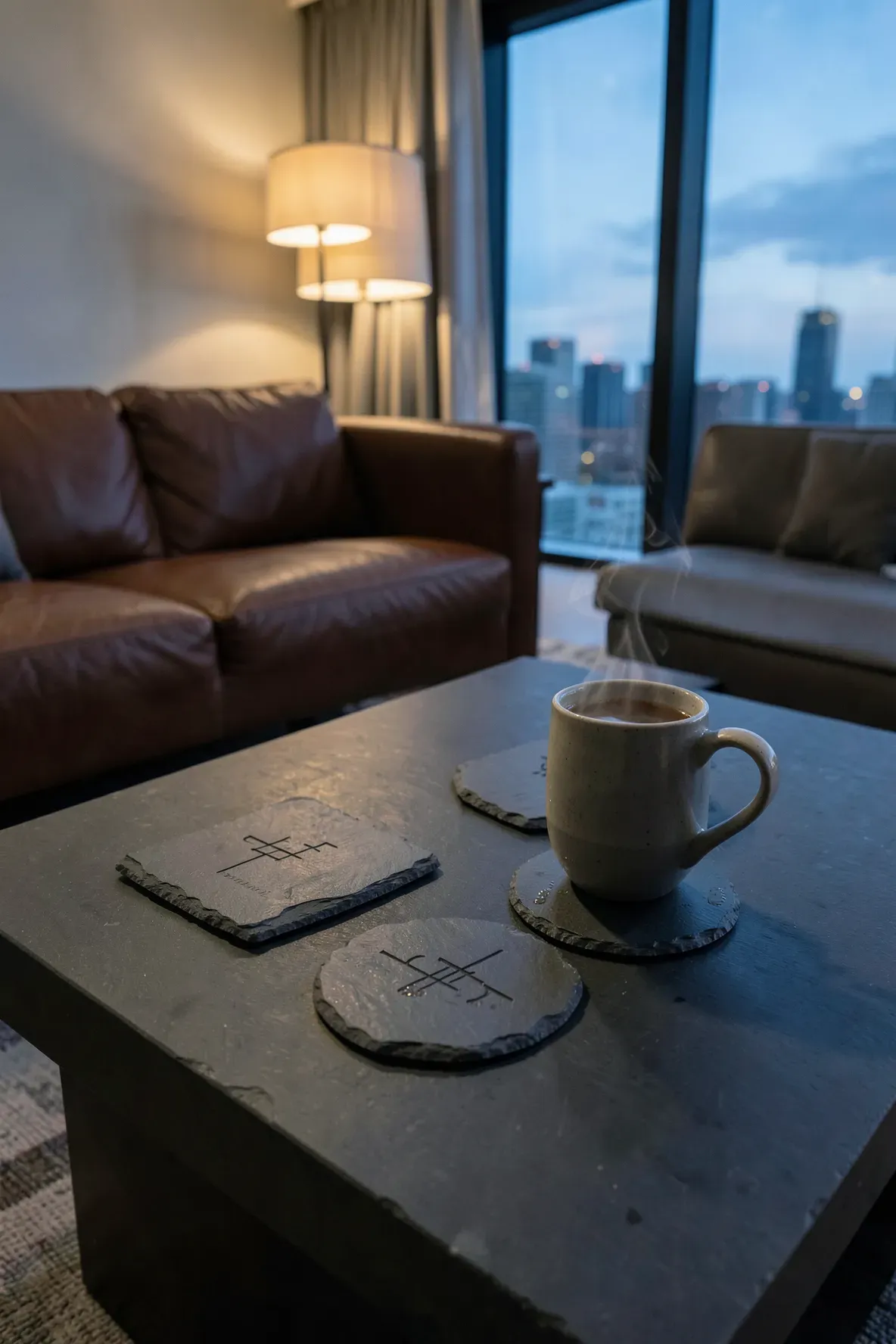 Engraved slate coasters holding tea mugs on a modern dark stone table.