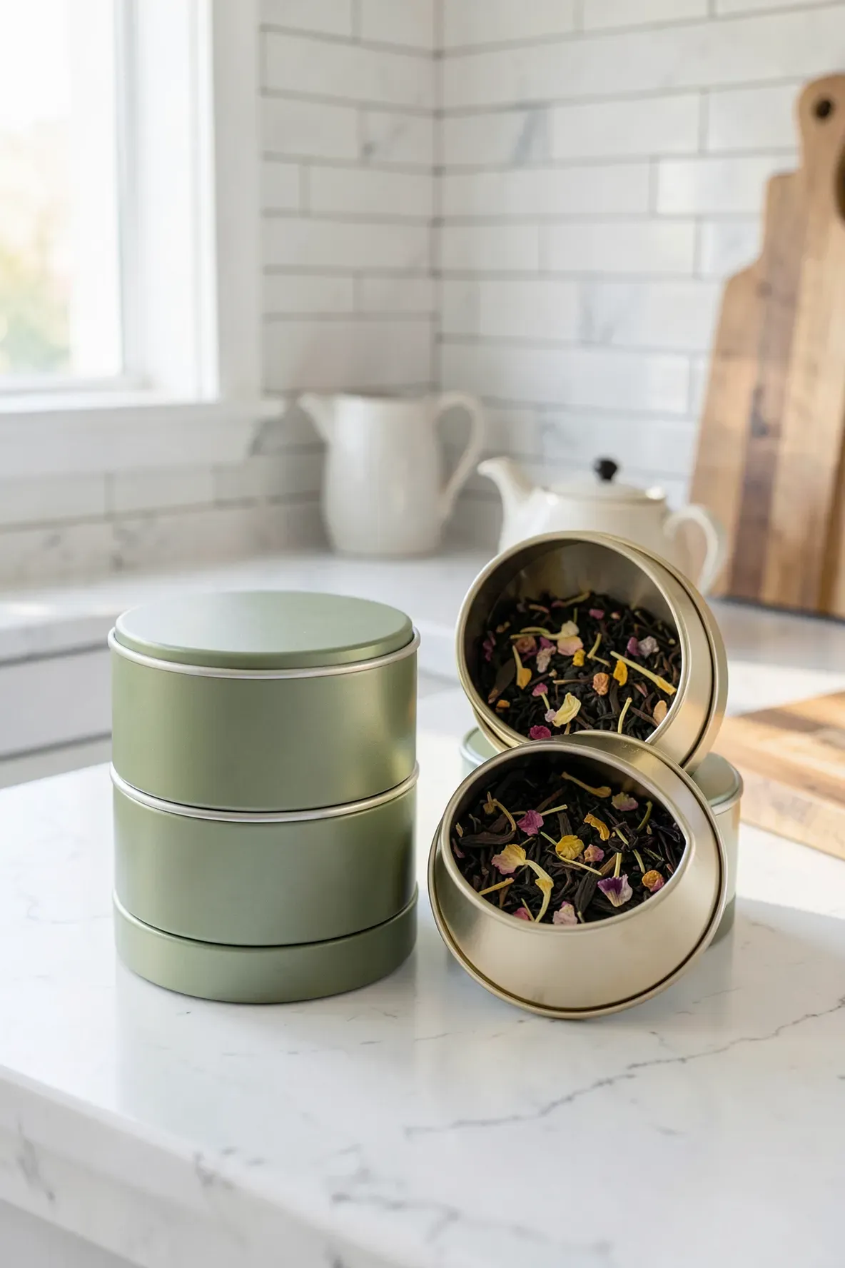 A set of elegant artisanal tea tins on a white marble kitchen counter with loose leaves visible.