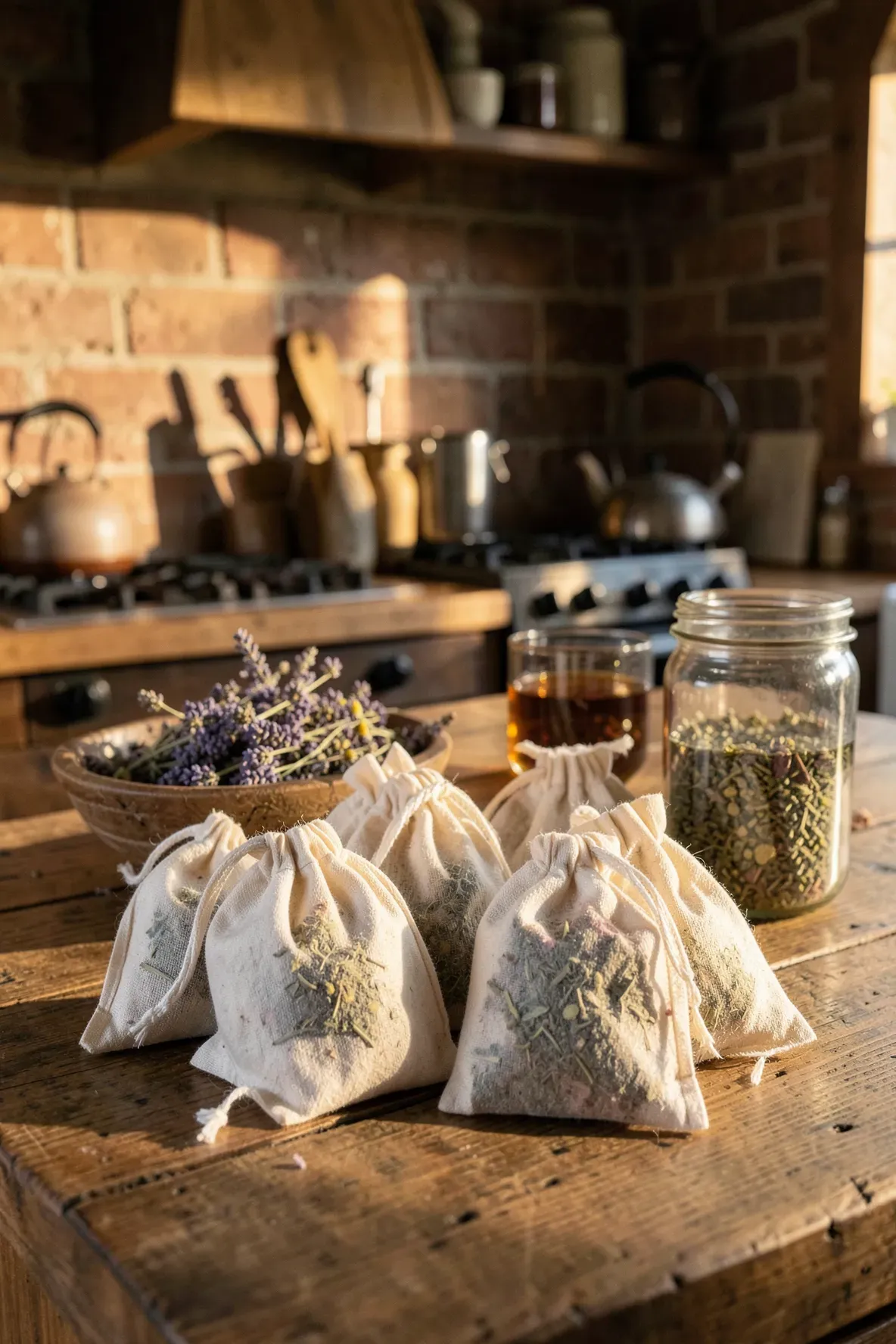 Reusable cotton tea bags and dried herbs on a rustic wooden kitchen island in warm light.
