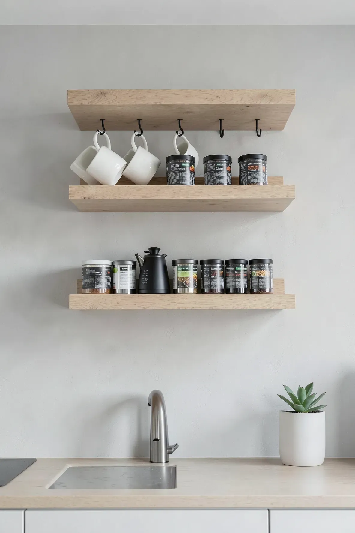 A modern wooden wall shelf organized with tea canisters, mugs, and a kettle in a clean kitchen.