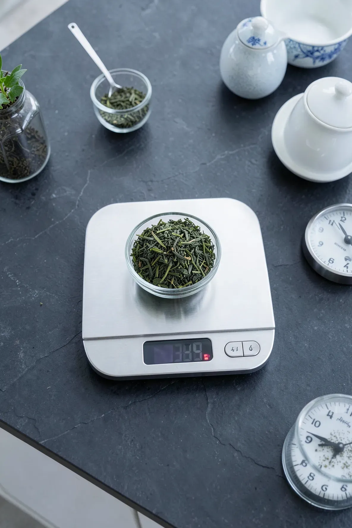 A stainless steel digital scale measuring green tea leaves on a dark slate kitchen counter.