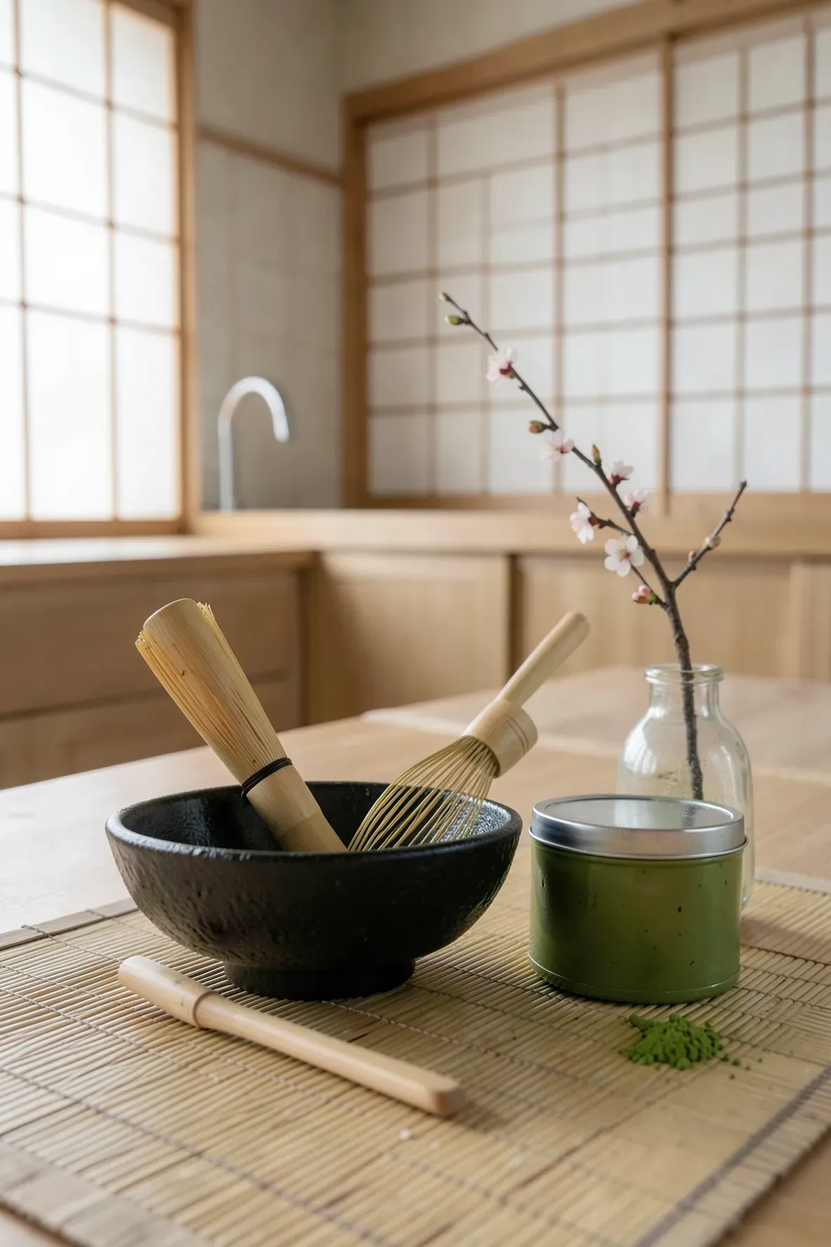 A traditional bamboo matcha whisk and ceramic bowl set on a bamboo mat in a Zen kitchen.