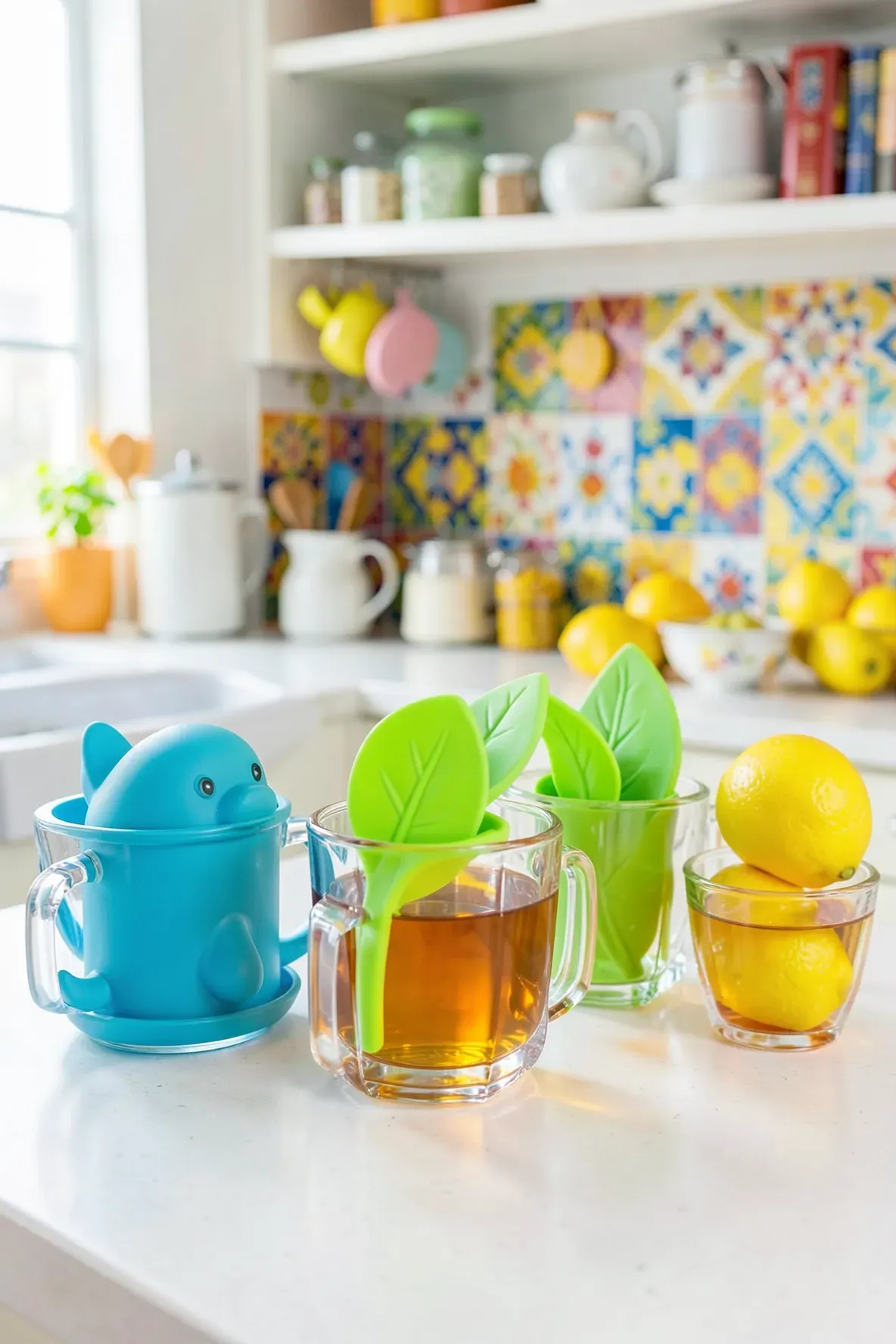 Colorful silicone tea strainers in fun shapes resting on glass mugs in a bright kitchen.