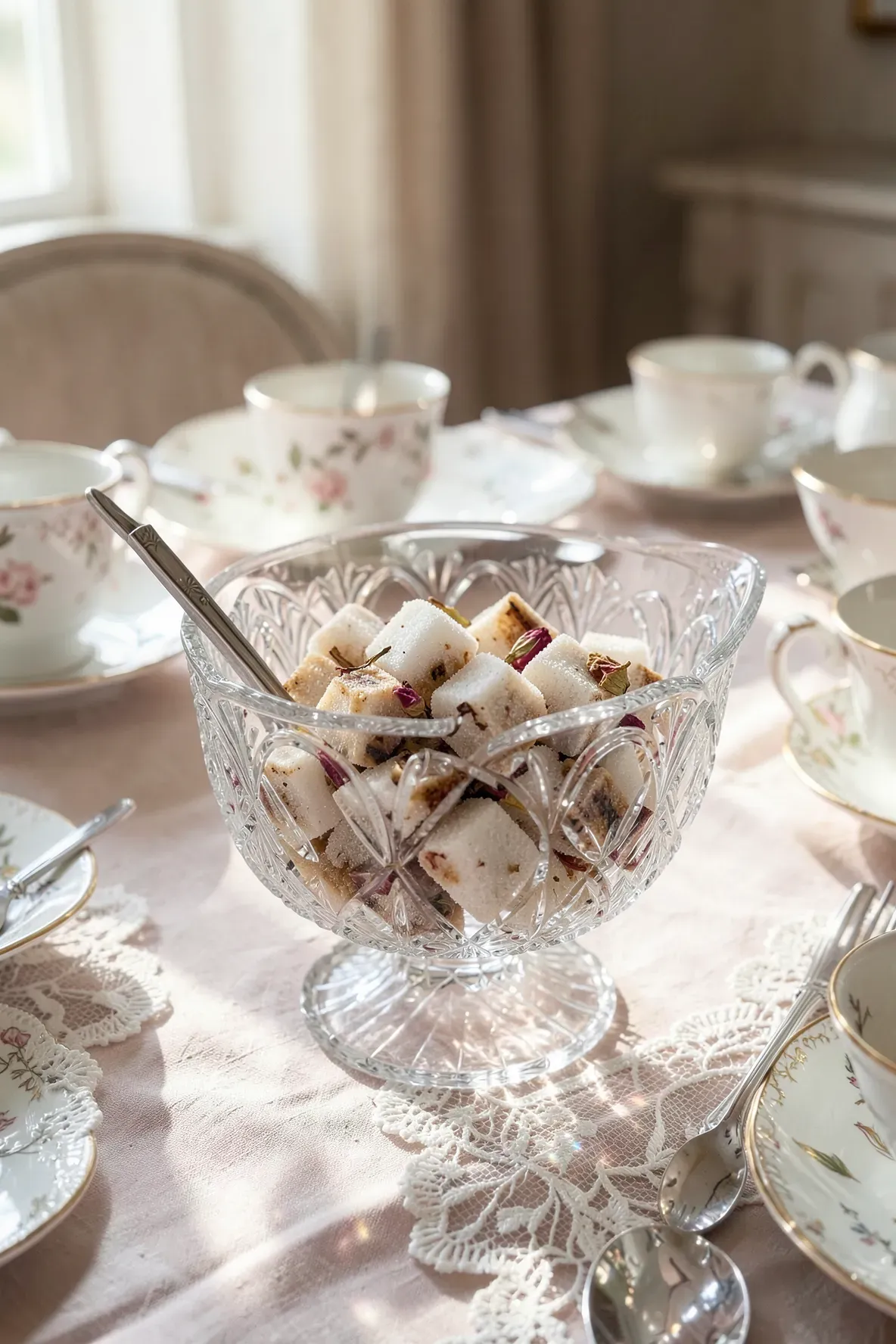 Natural sugar cubes in a decorative crystal bowl on a lace tablecloth with fine china.