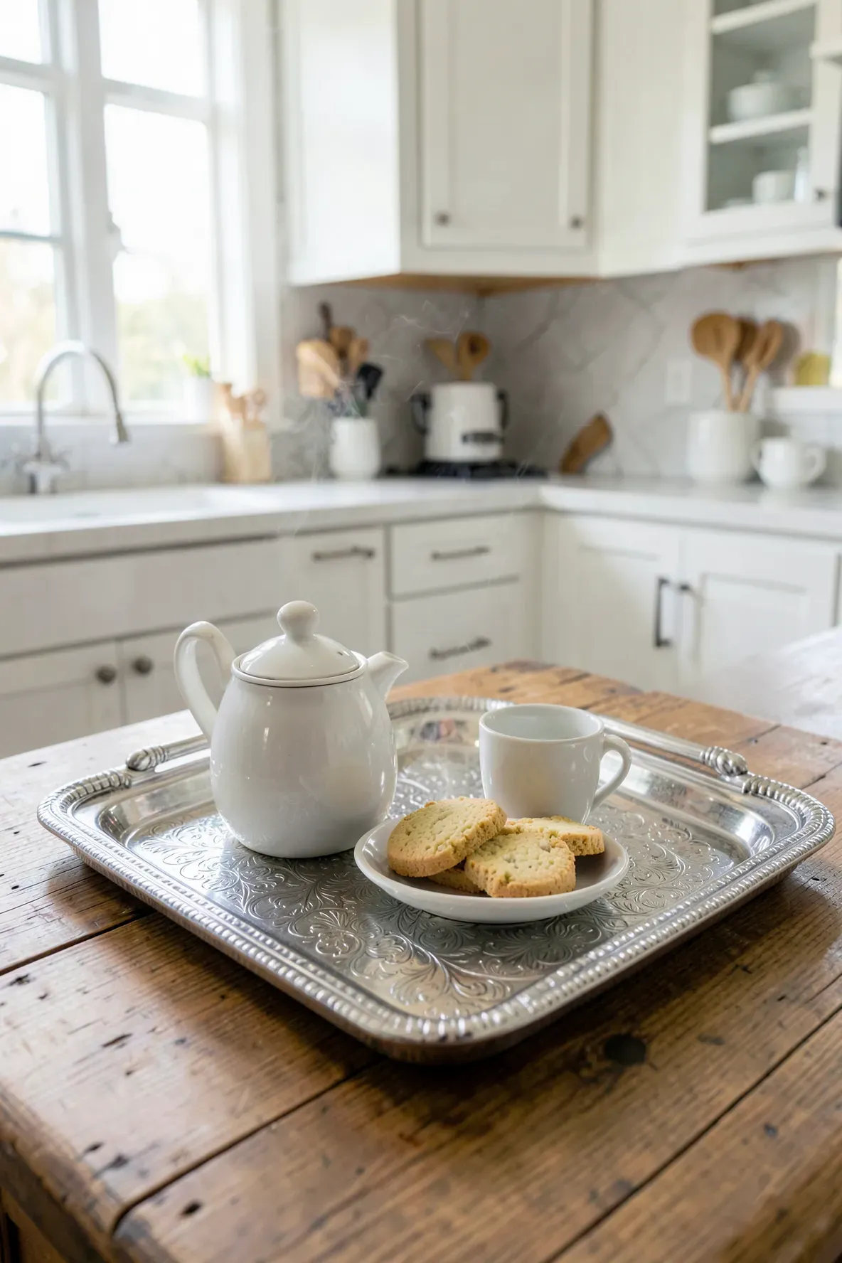 A detailed silver embossed tray holding a tea service on a wooden table in a sunlit kitchen.