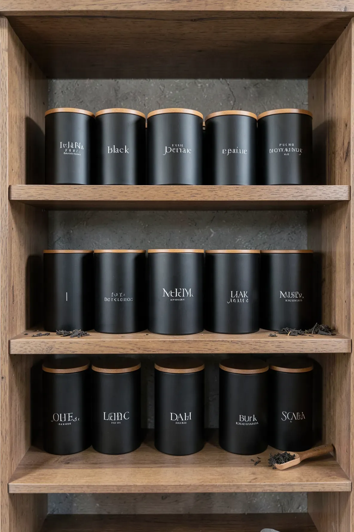 A row of matte black airtight tea tins arranged neatly on a walnut wooden kitchen shelf.