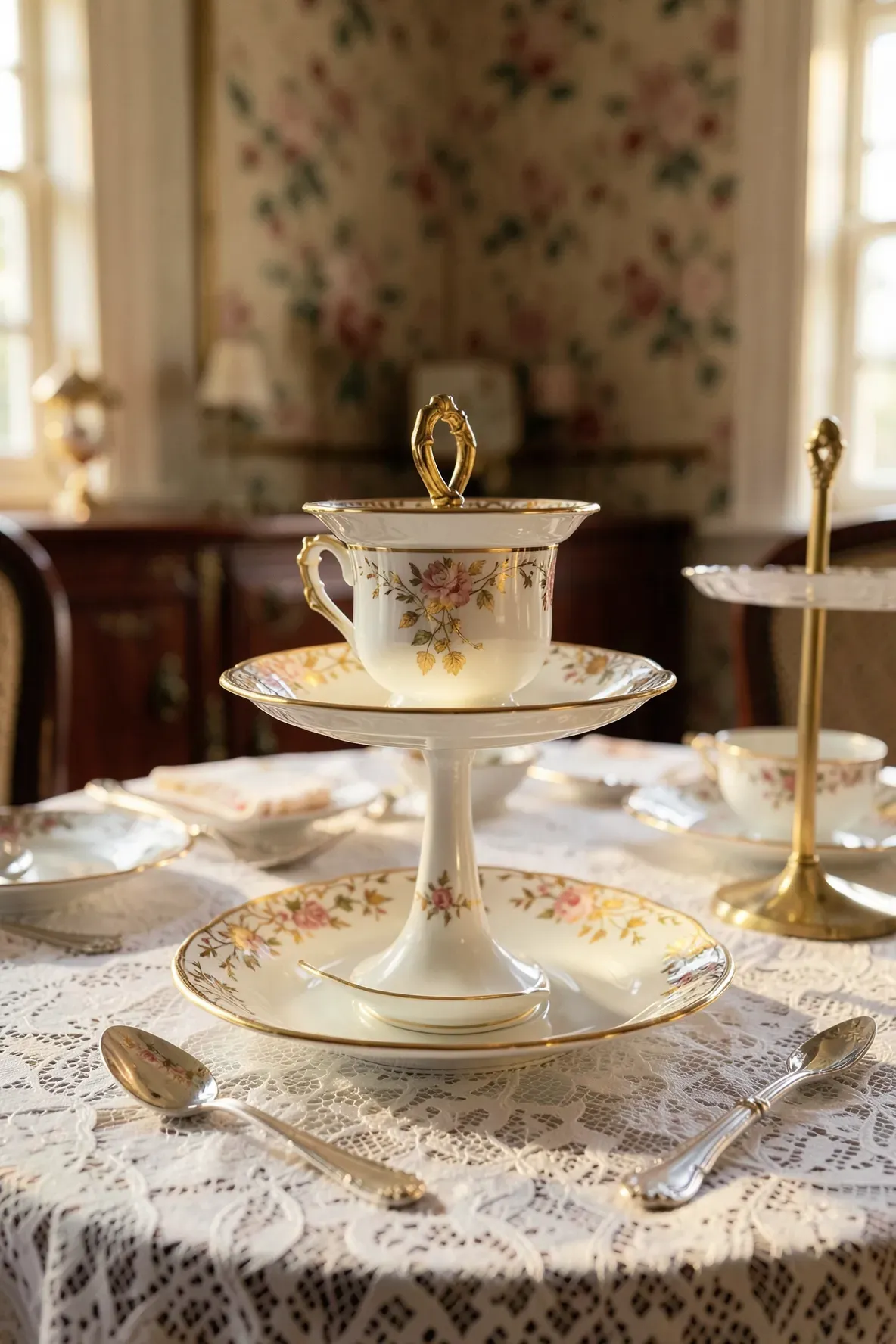 An elegant porcelain tea cup and saucer with gold trim on a lace tablecloth in a classic room.