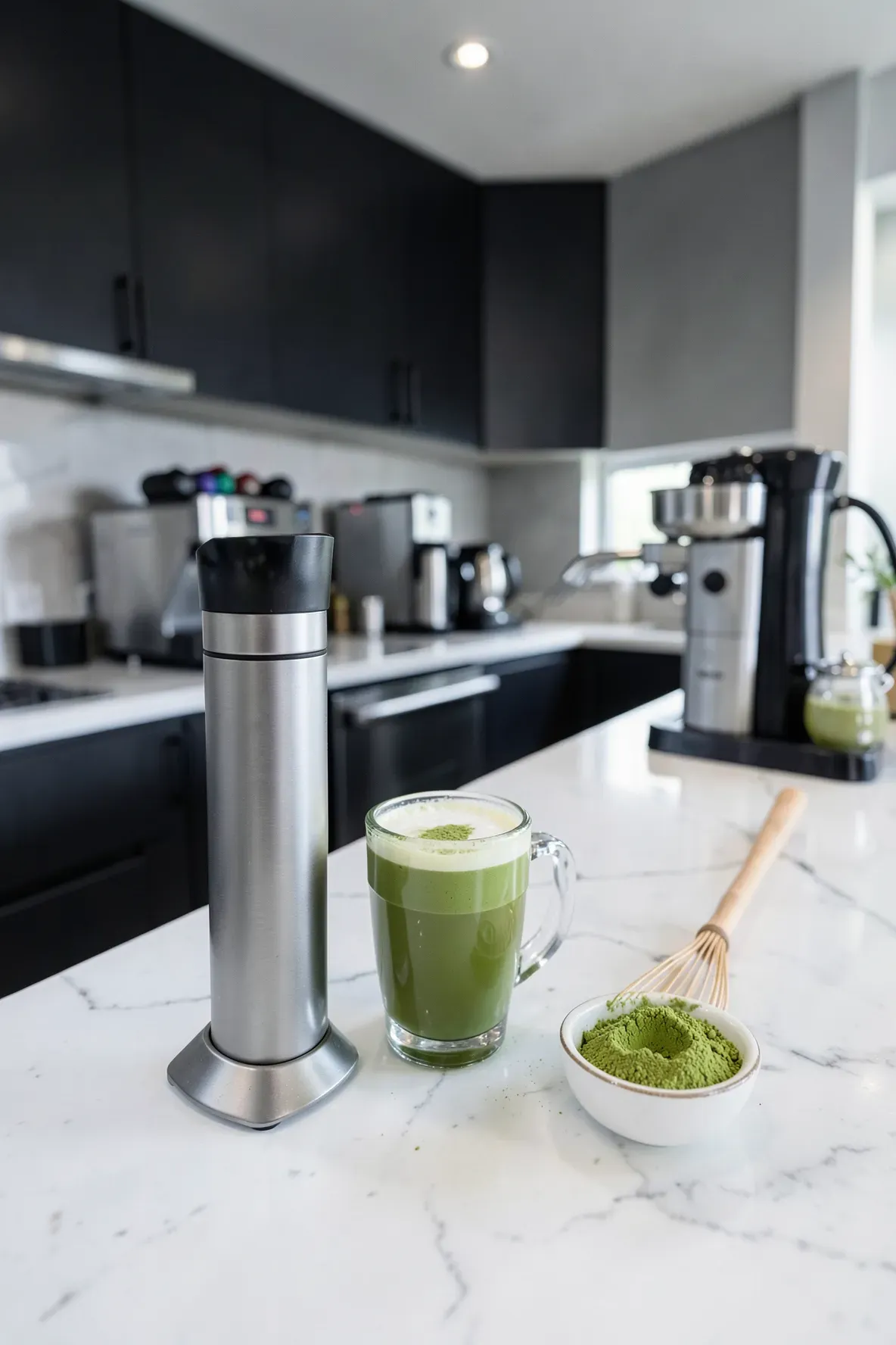 A modern kitchen tea station featuring a milk frother and a fresh matcha latte in a glass mug.