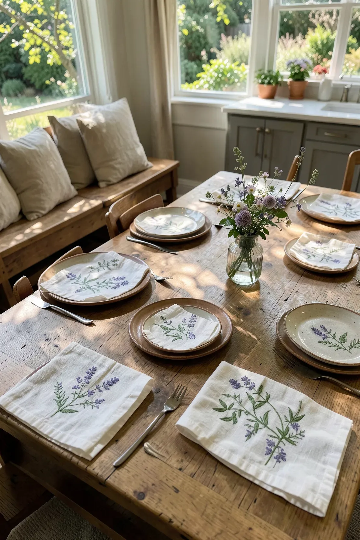 Embroidered linen napkins with botanical patterns set on a rustic wooden kitchen table.