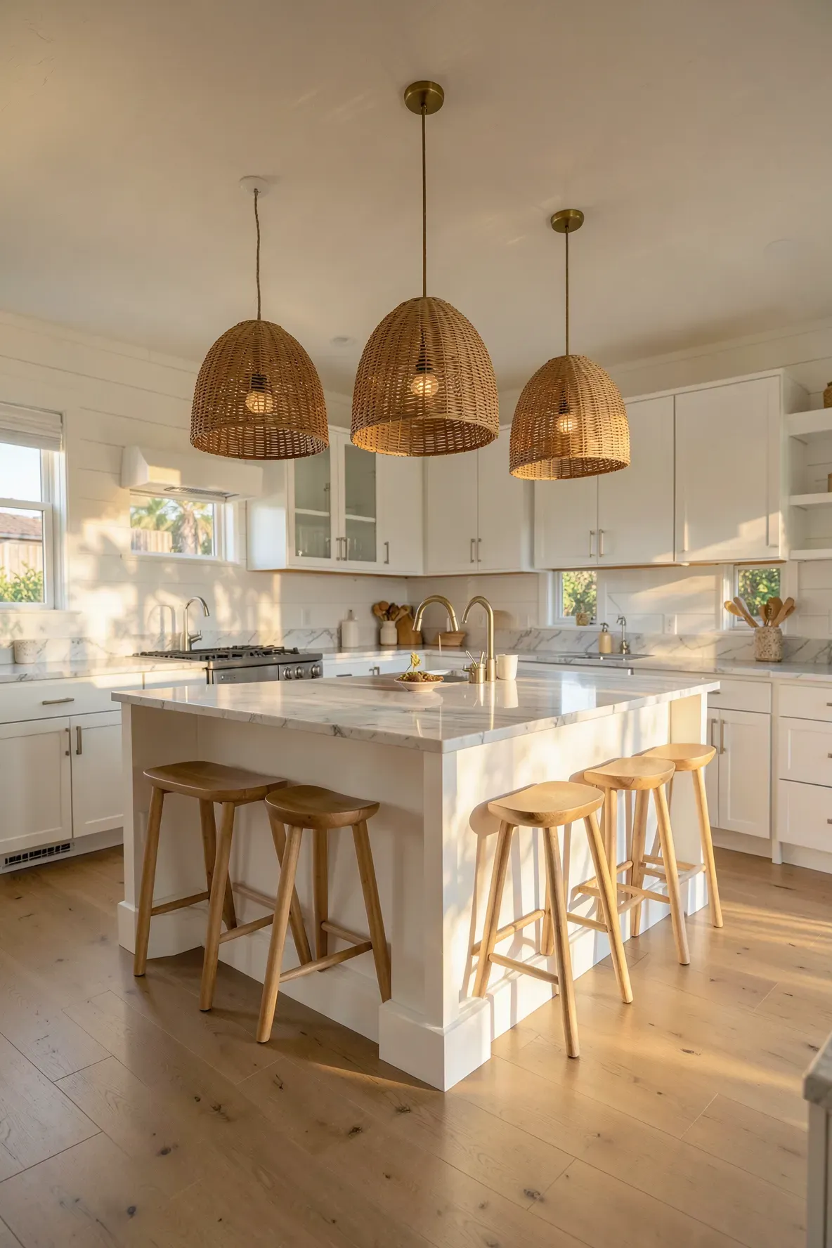 Three large rattan pendant lights hanging over a white kitchen island in a bright beach house.