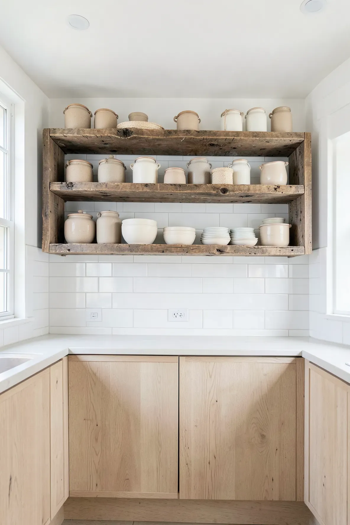 Open reclaimed wood shelves with white ceramic jars in a bright, airy coastal kitchen.