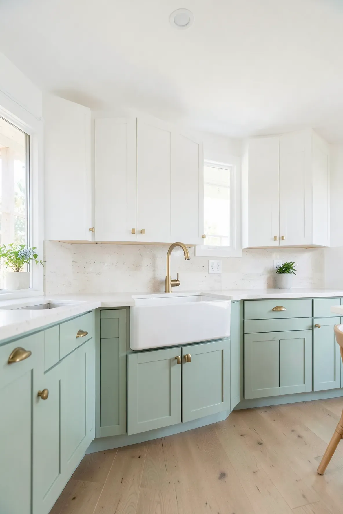 Muted seafoam green lower cabinets in a bright white coastal kitchen with brass accents.