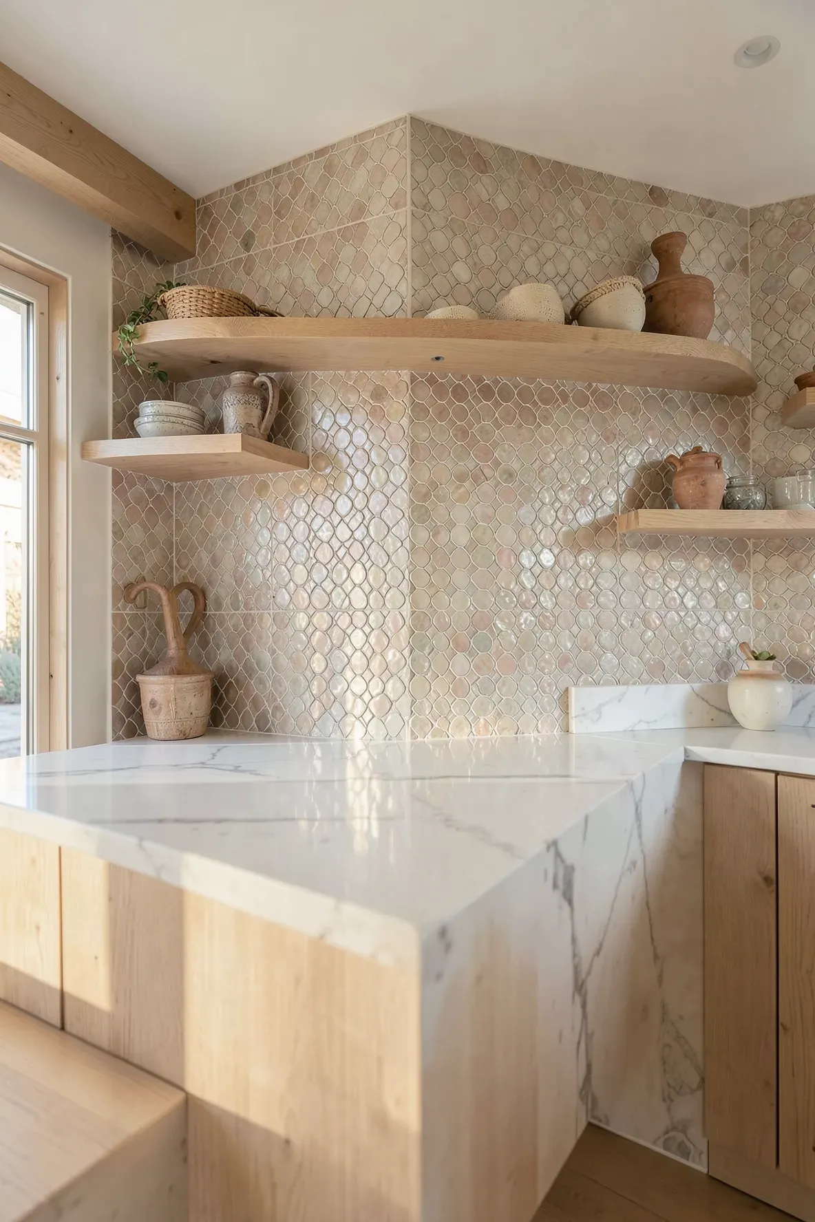 Handmade Zellige tile backsplash in sandy tones reflecting light in a coastal kitchen.