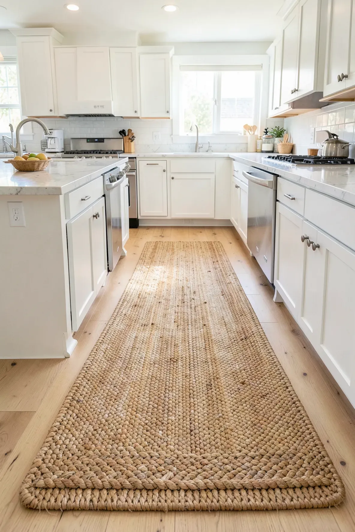 A long natural jute runner rug on a light wood floor in a coastal boho kitchen.