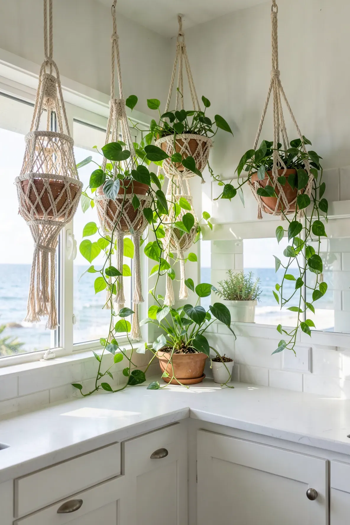 Green trailing plants in macrame hangers suspended in a bright, sunlit coastal kitchen.