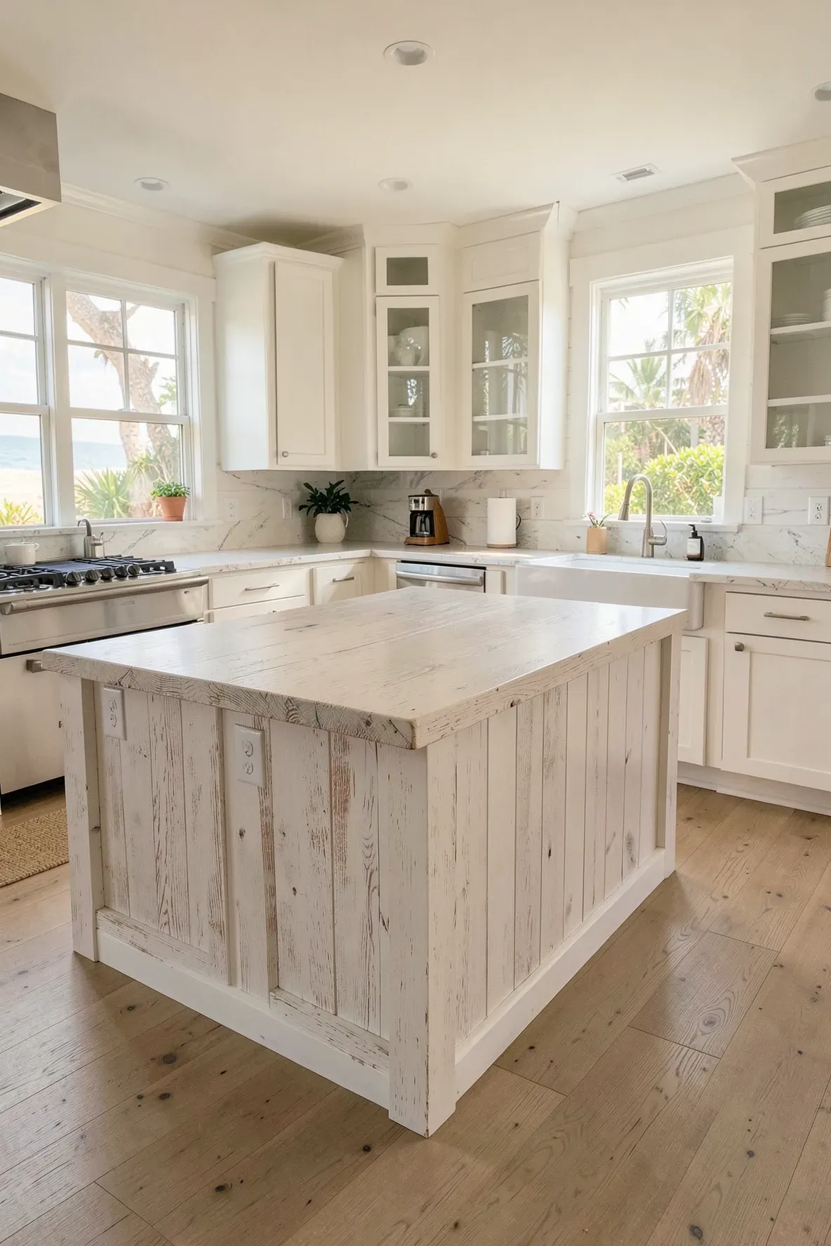 Distressed white oak countertops with natural wood grain in a bright coastal kitchen.